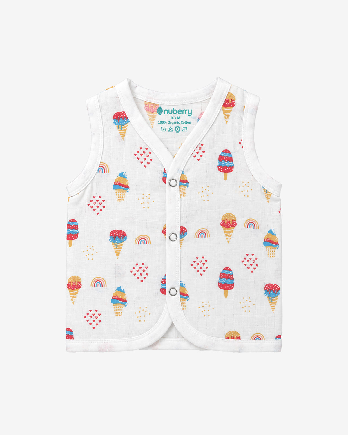 Nuberry Baby Unisex Sleeveless Waffle Cone Print Jabla in White | Press Button Closure