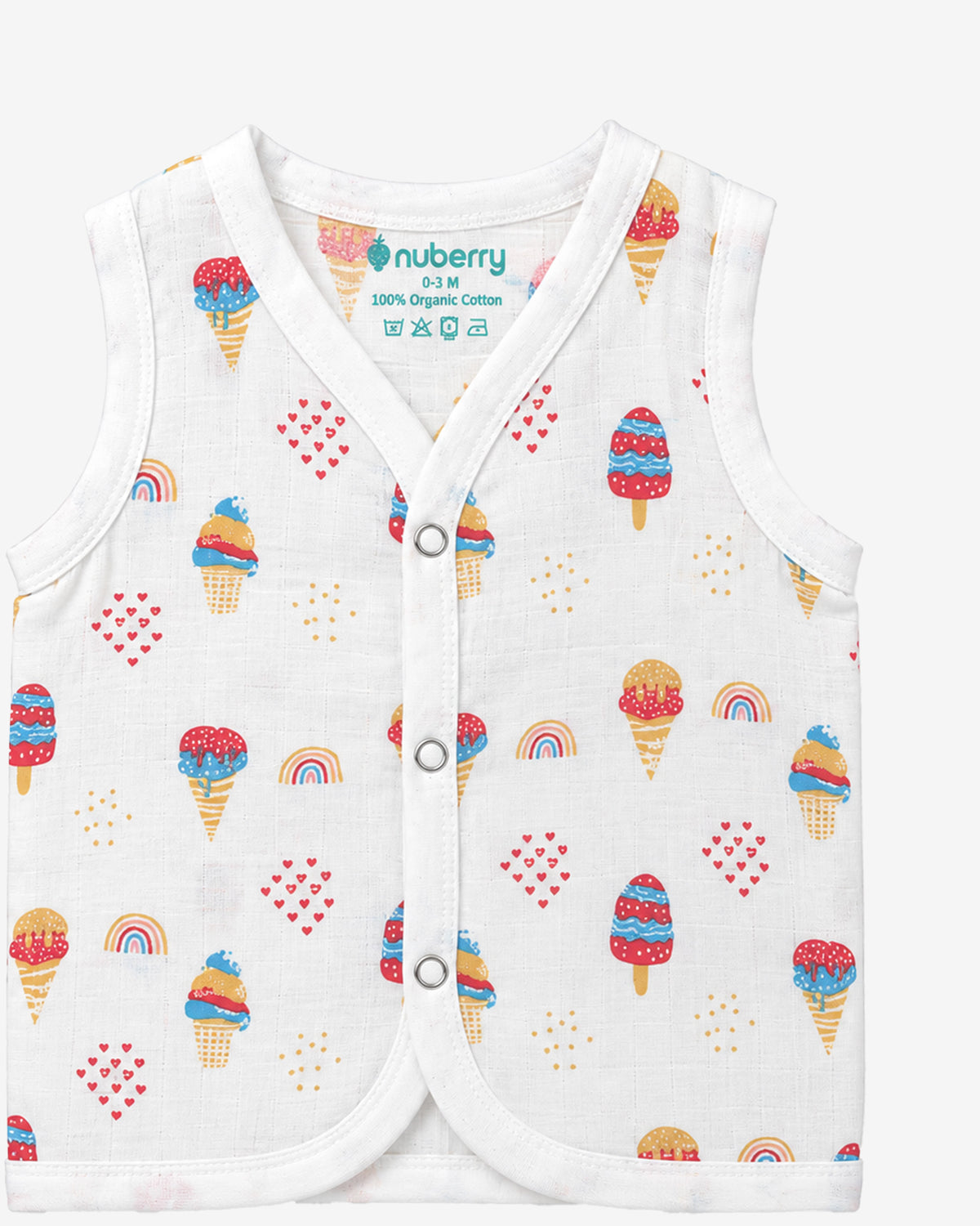 Nuberry Baby Unisex Sleeveless Waffle Cone Print Jabla in White | Press Button Closure