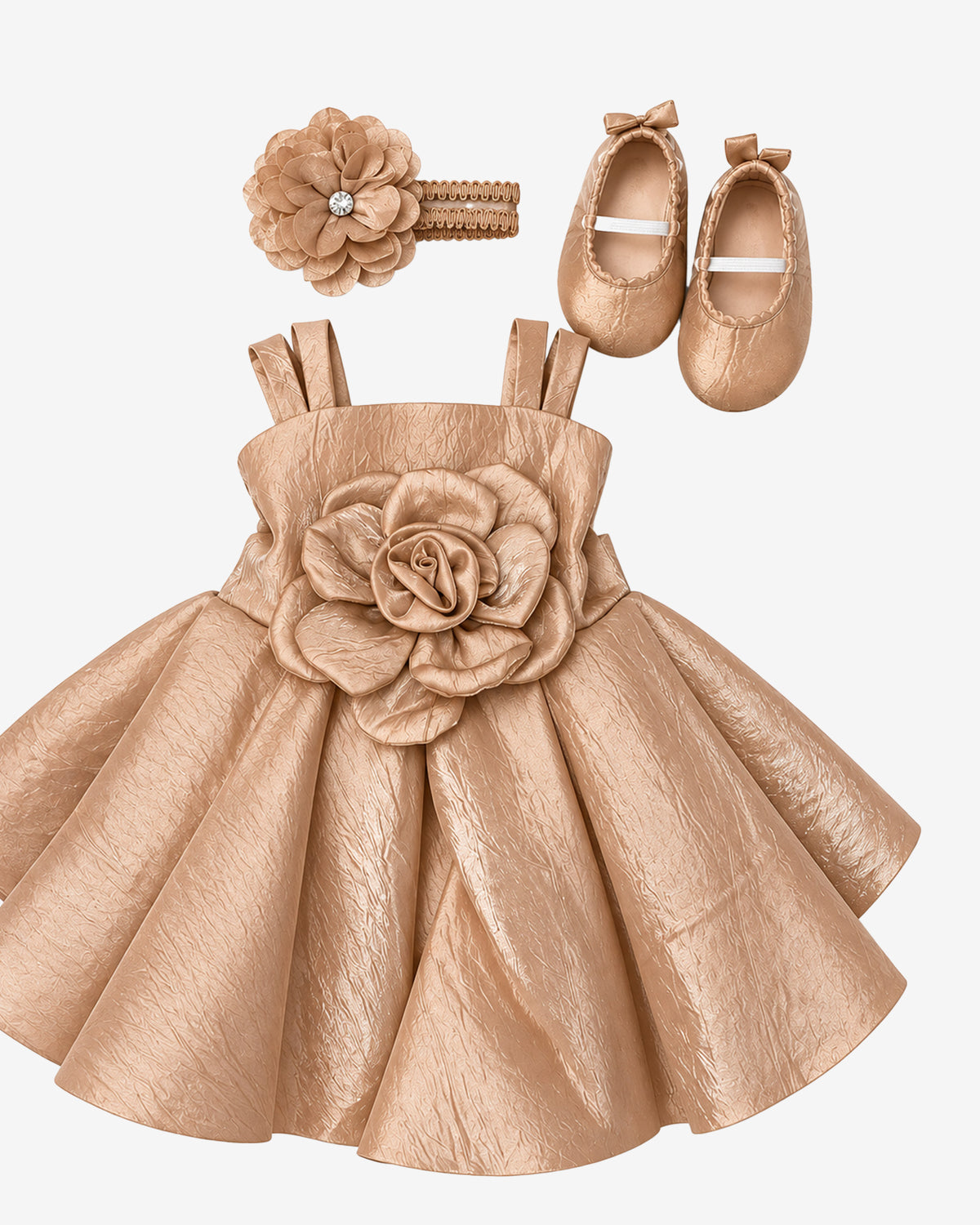 Nuberry Baby Girl Party Frock with Shoes & Hairband Combo – Elegant Rose Gold Dress