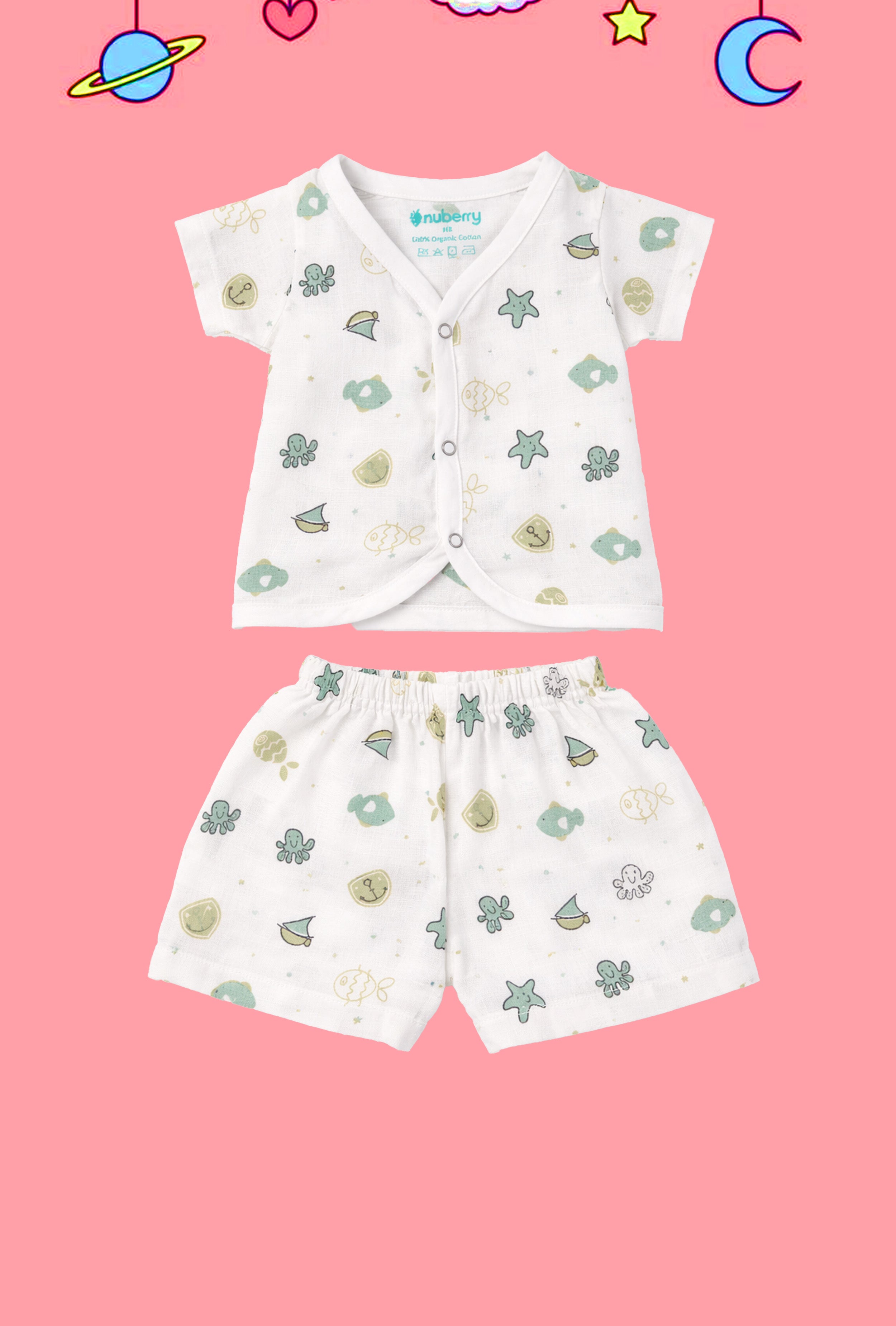 Tiny Beginnings, Wrapped in Love | Muslin Jabla & Shorts Set | Star Fish Print