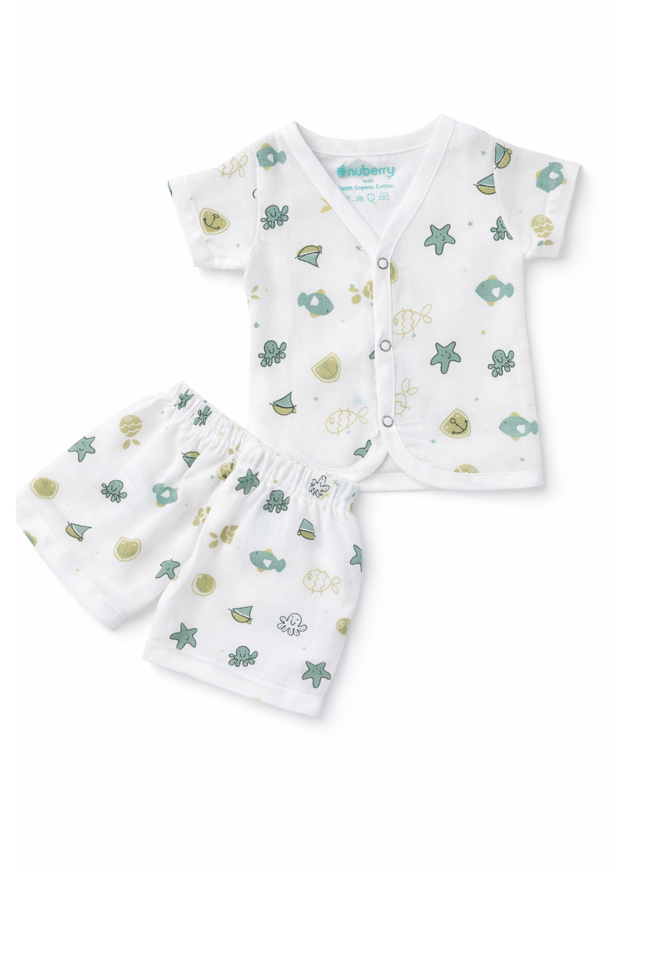 Tiny Beginnings, Wrapped in Love | Muslin Jabla & Shorts Set | Star Fish Print
