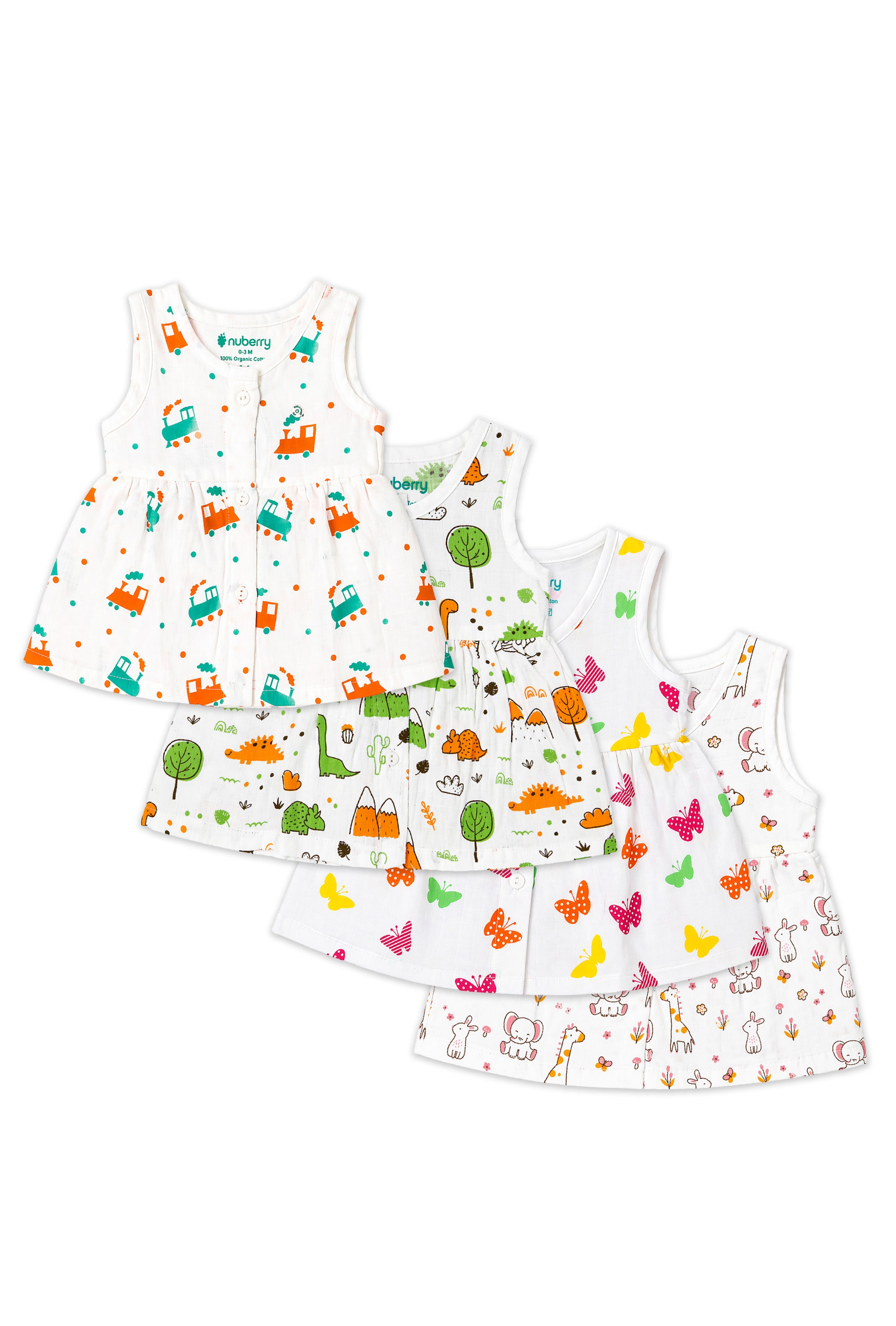 Nuberry Newborn Girls Sleeveless Muslin Frock | Pack of 4