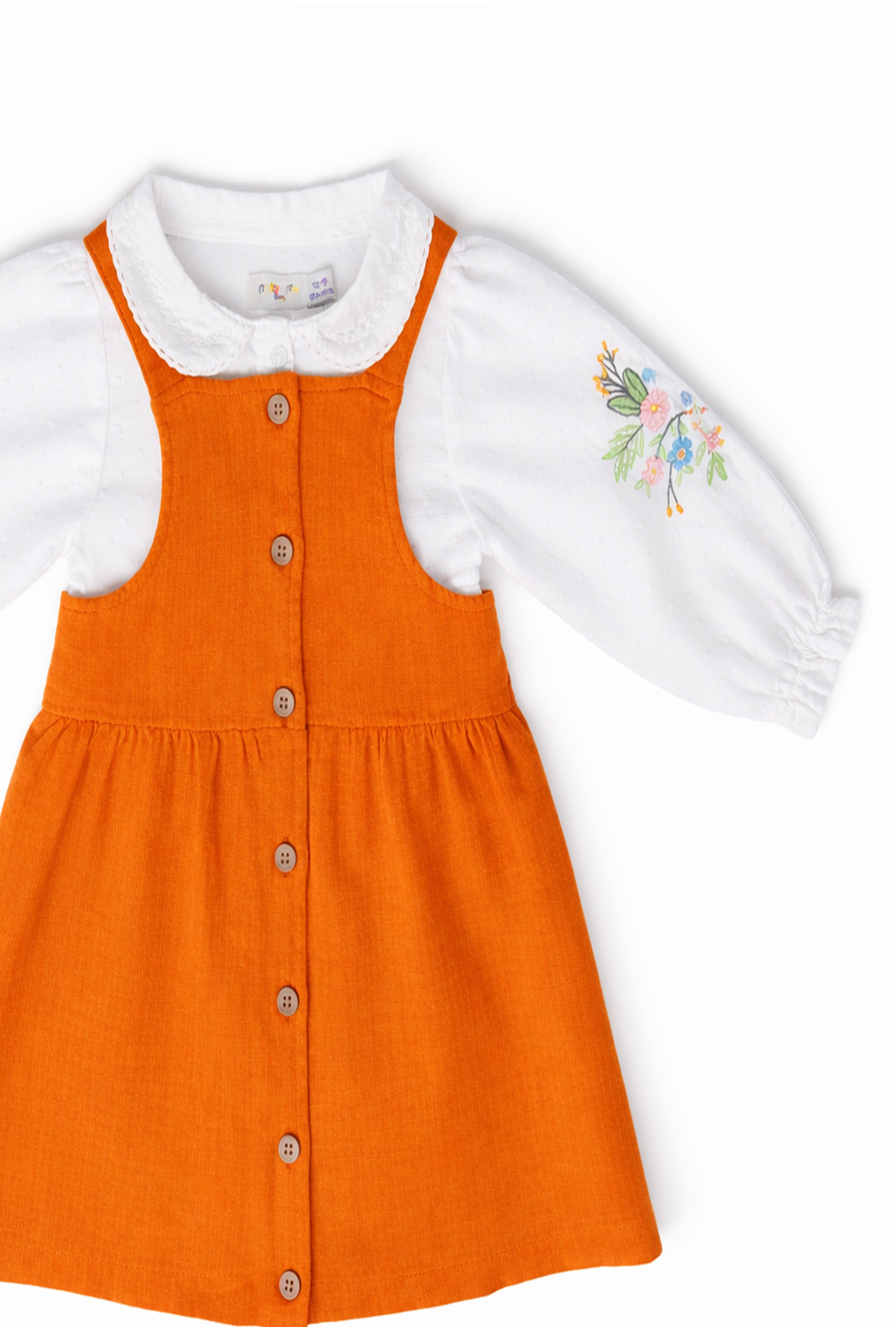 Girls Dungaree Dress with Shirt Floral Sleeve Embroidery | Yellow