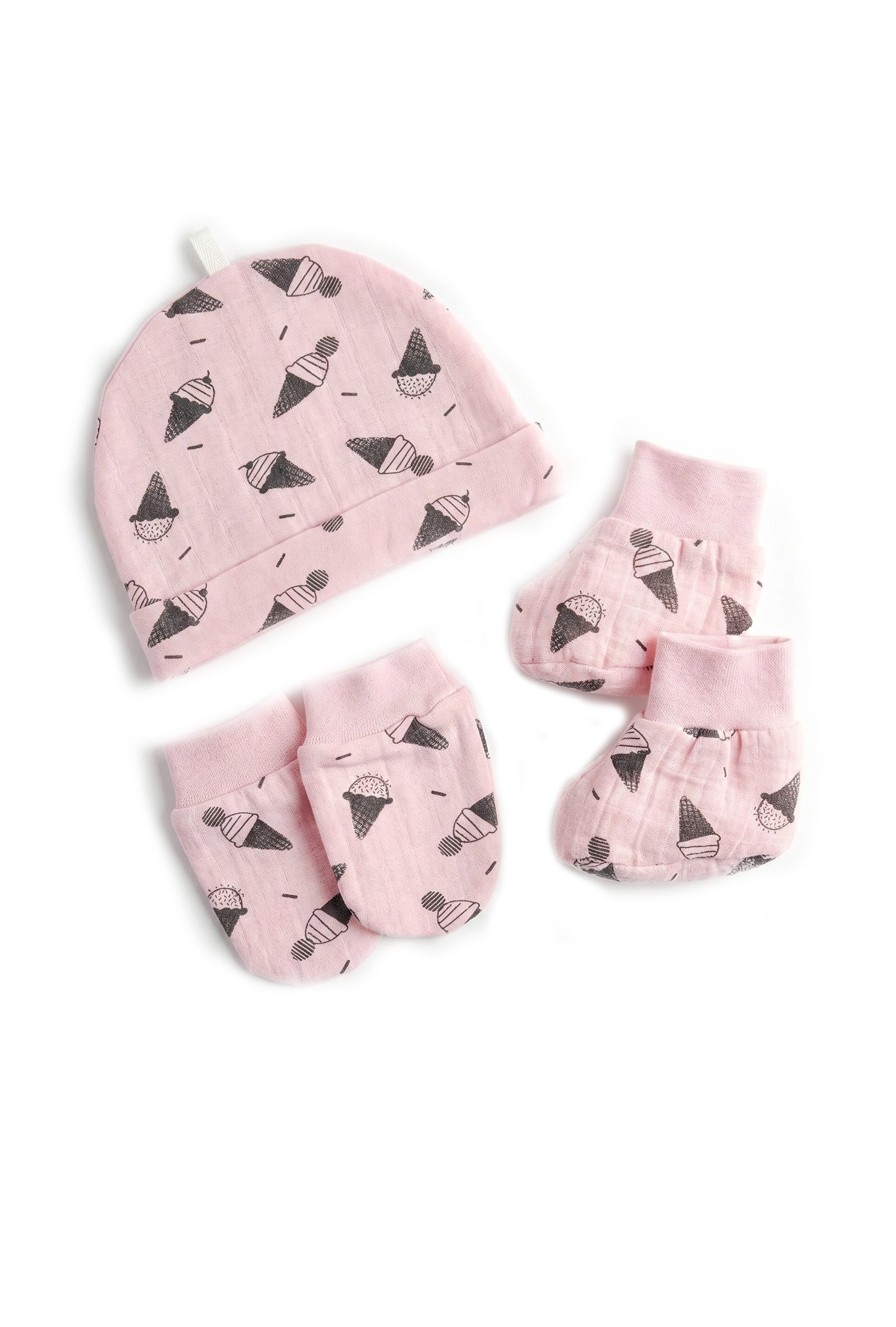 Nuberry Unisex Baby Booties, Mittens & Cap Set (Pink AOP)