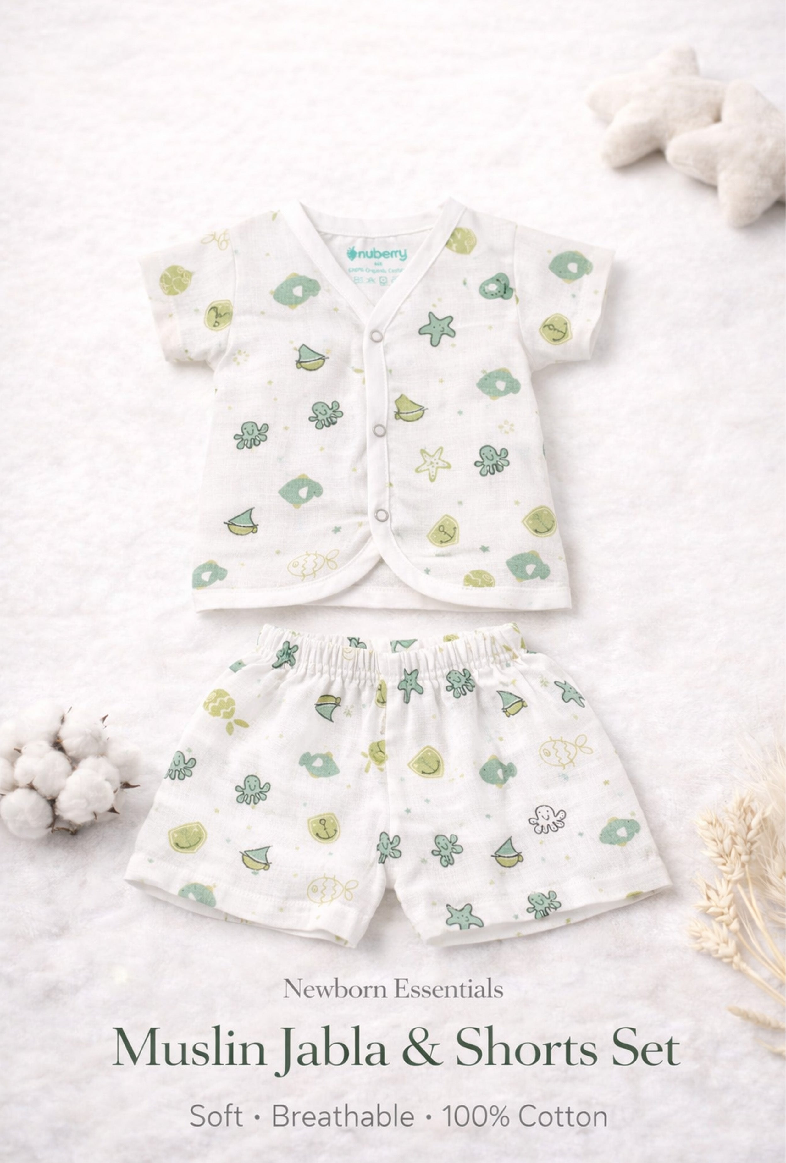 Tiny Beginnings, Wrapped in Love | Muslin Jabla & Shorts Set | Star Fish Print