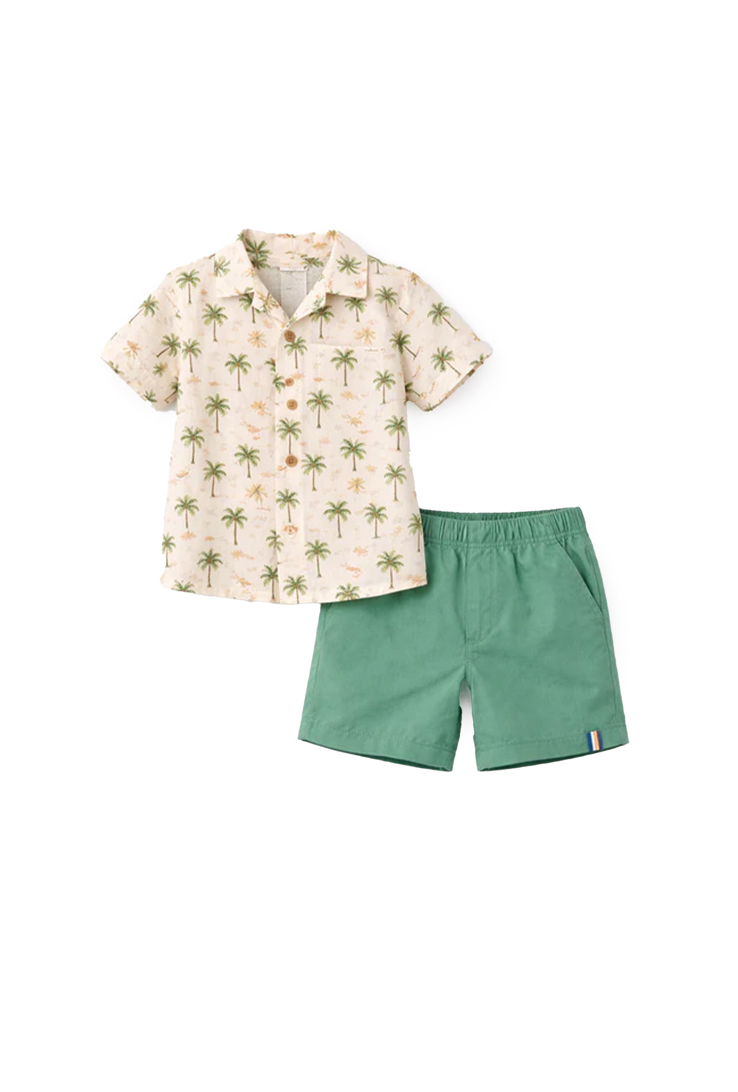 Boys Printed Cotton Shirt & Green Dobby Shorts Set