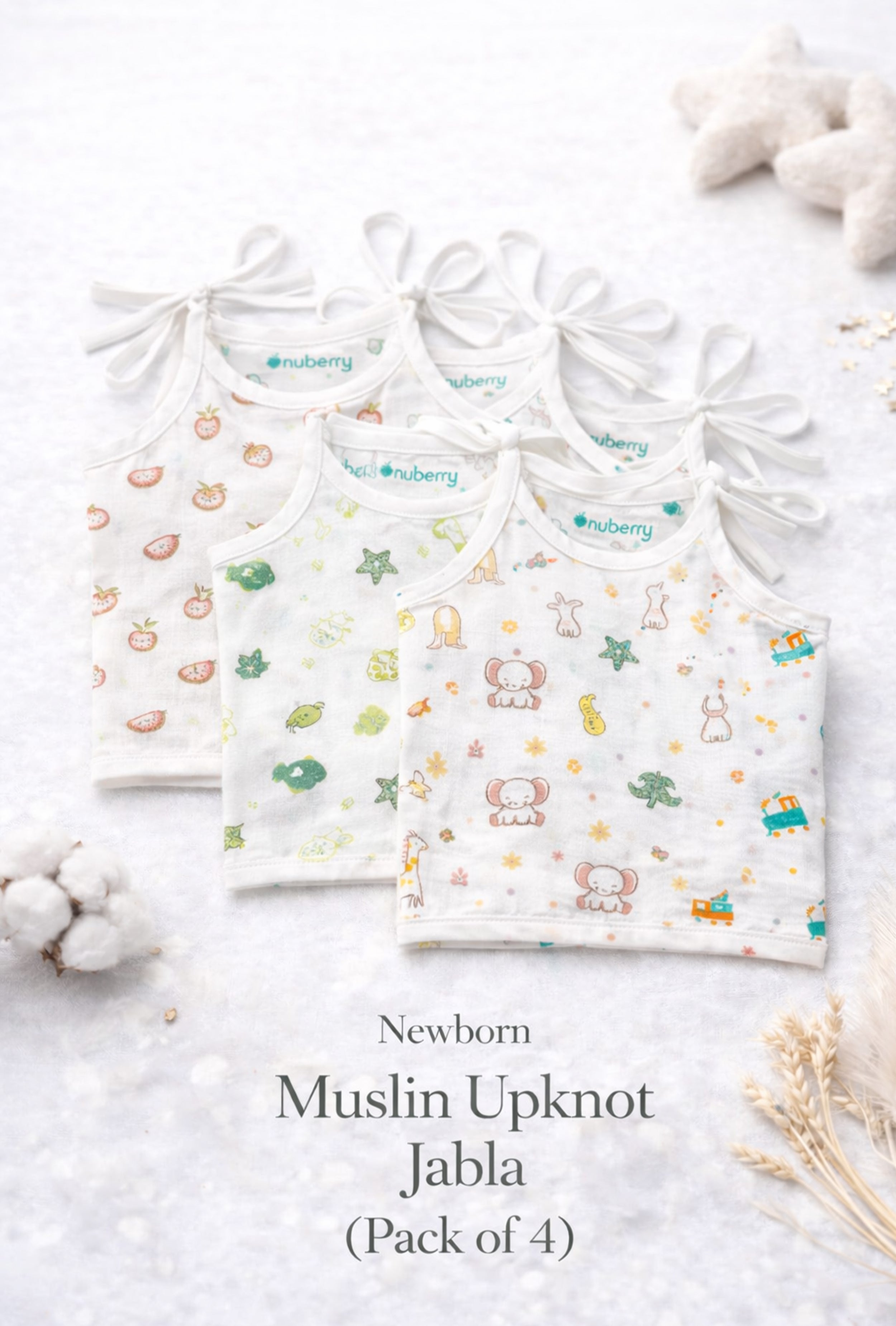 Made for First Comfort | Nuberry Newborn Muslin Upknot Jabla (Pack of 4)