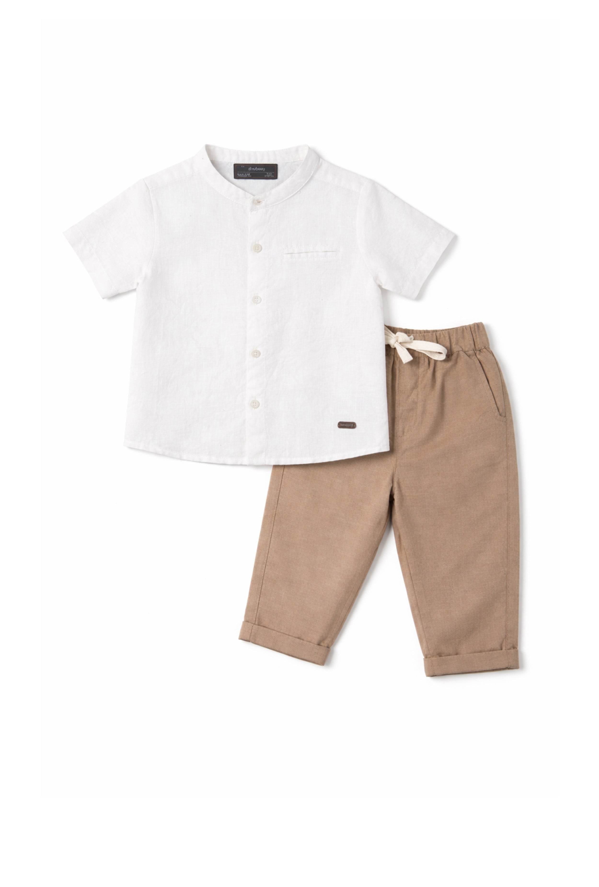 Boy Shirt & Pant Set – White & Khaki (Pure Cotton)