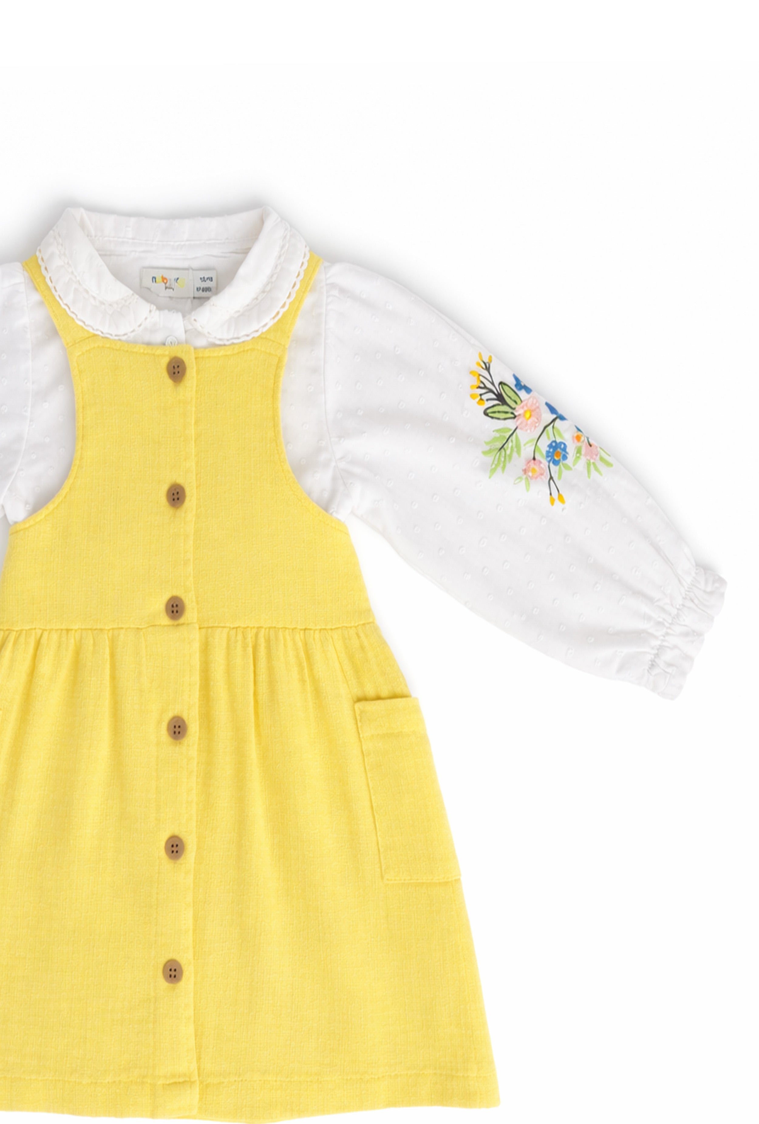 Girls Dungaree Dress with Shirt Floral Sleeve Embroidery | Yellow