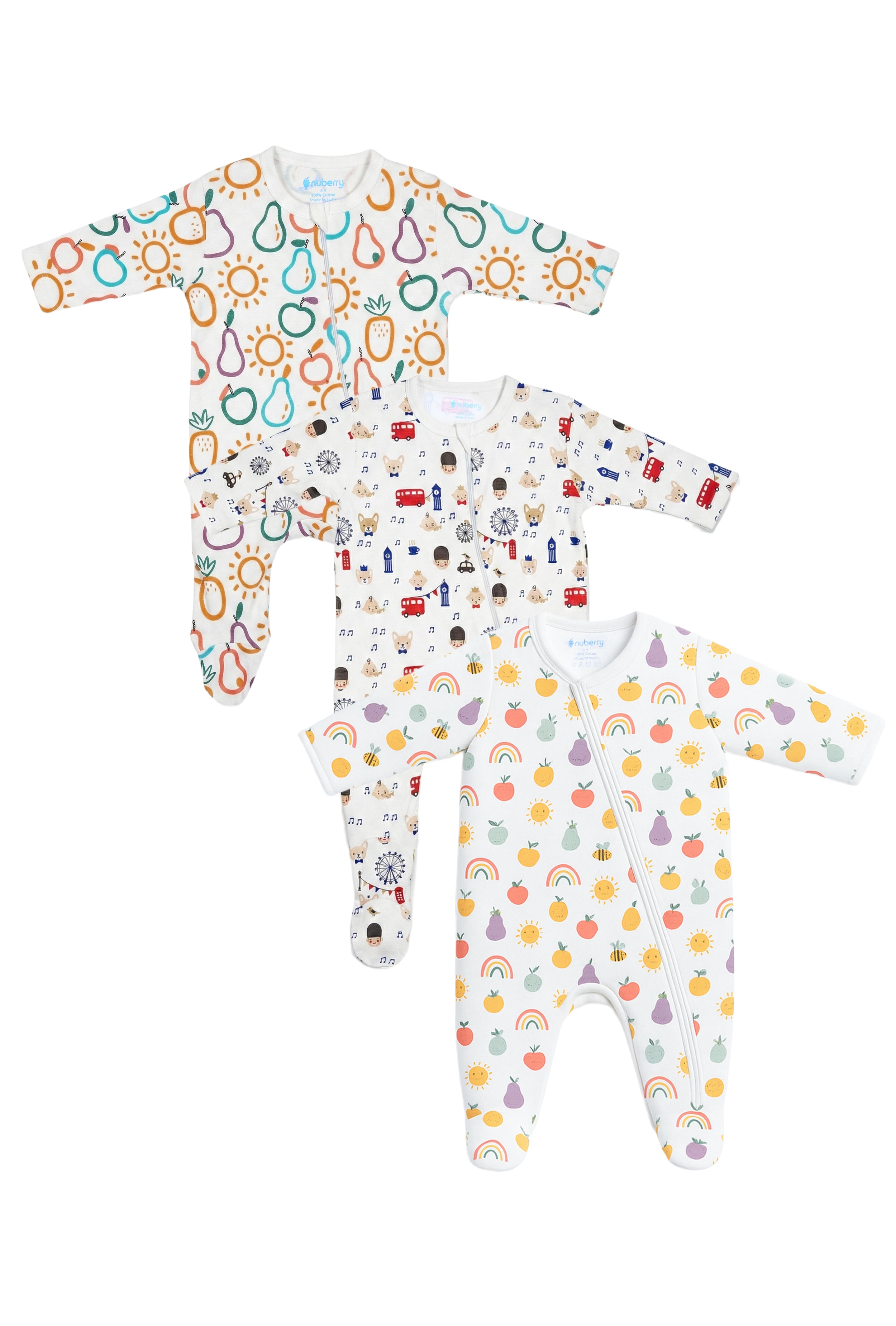 Nuberry Pure Cotton Baby Sleep Suit – 3 Set Pack | Breathable, Gentle & Safe | Designed in Australia