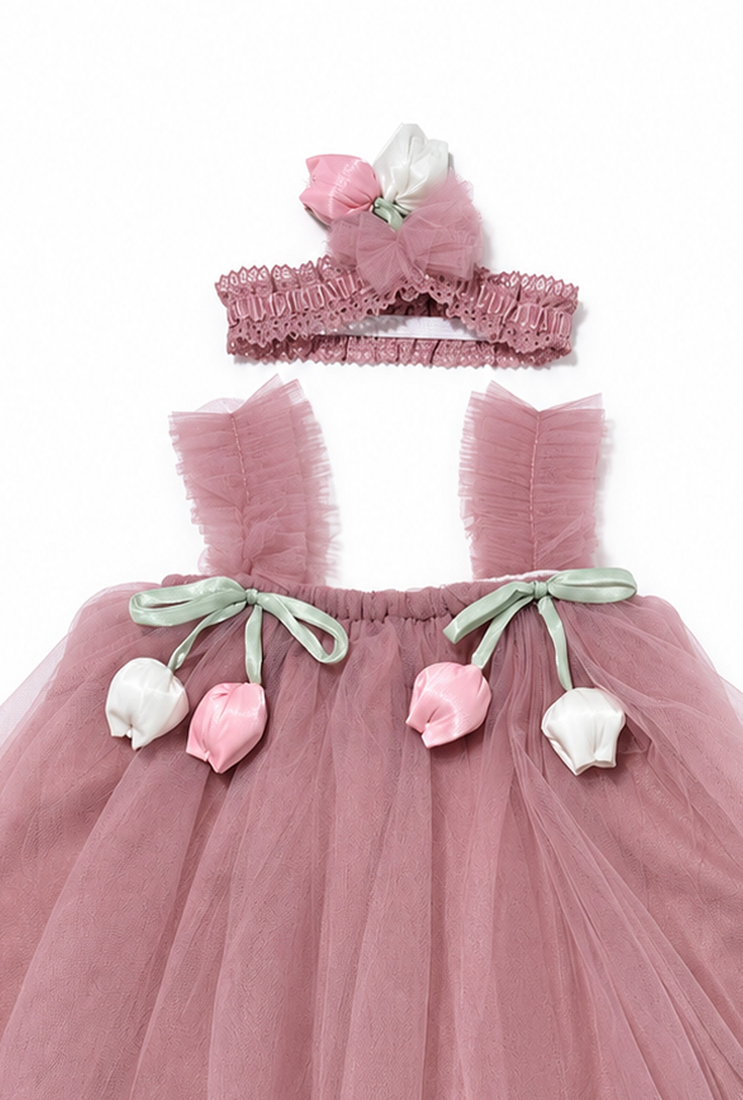 Little Lotus Princess Dress Set | Soft Mesh Baby Girl Party Frock with Matching Headband