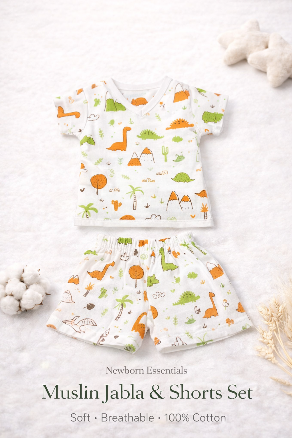 Tiny Beginnings, Wrapped in Love | Muslin Jabla & Shorts Set | Dinosaurs Print