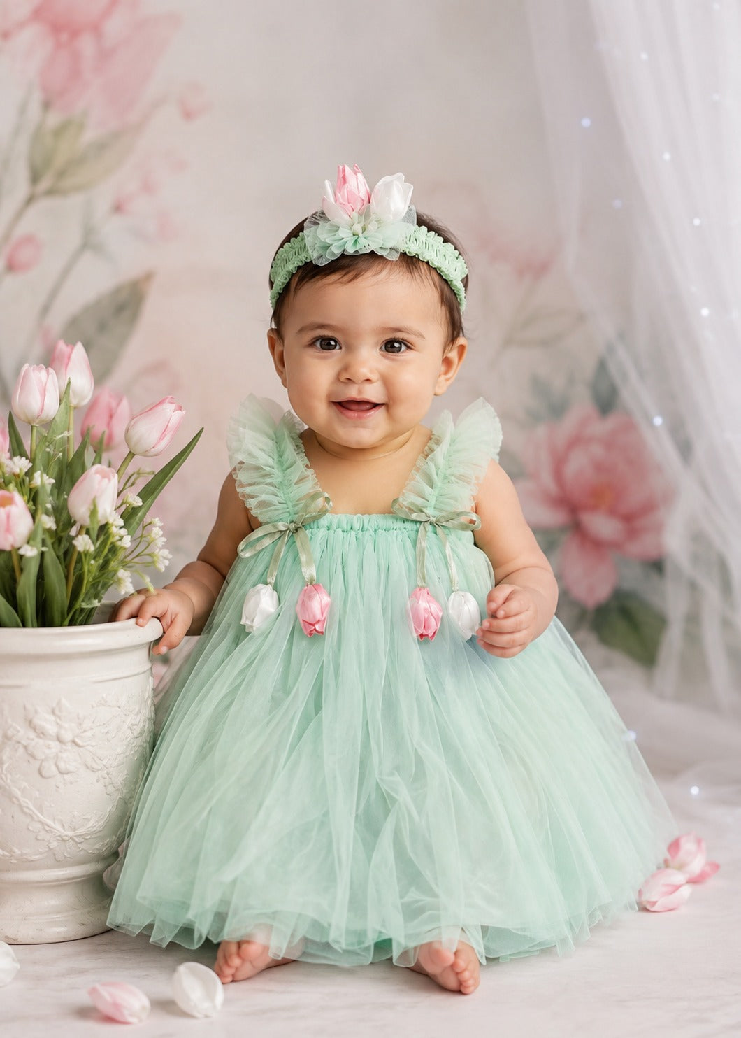 Little Lotus Princess Dress Set | Soft Mesh Baby Girl Party Frock with Matching Headband