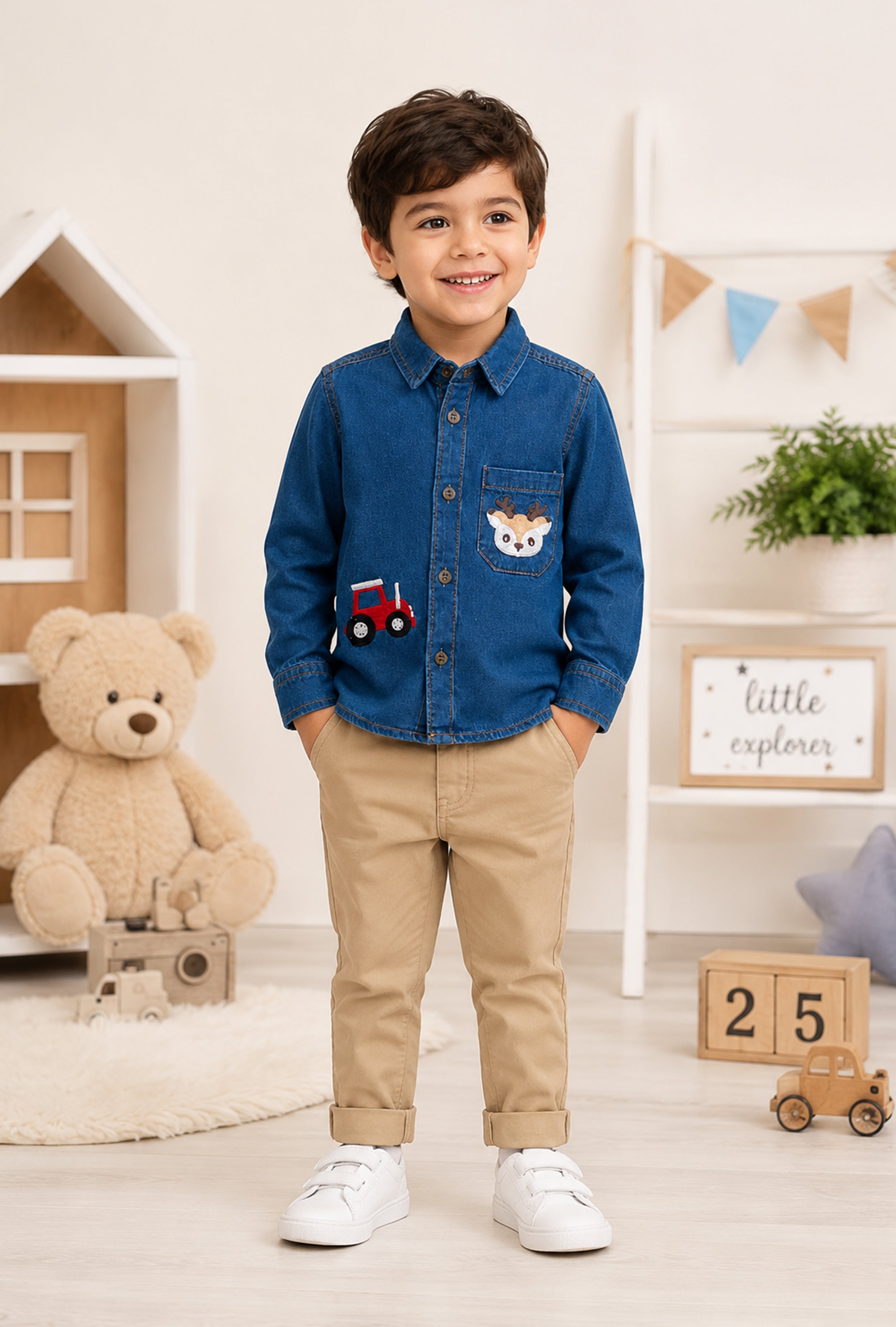 Nuberry Boys Premium Denim Full Sleeve Shirt | Smart Style | Everyday Comfort | Car Print