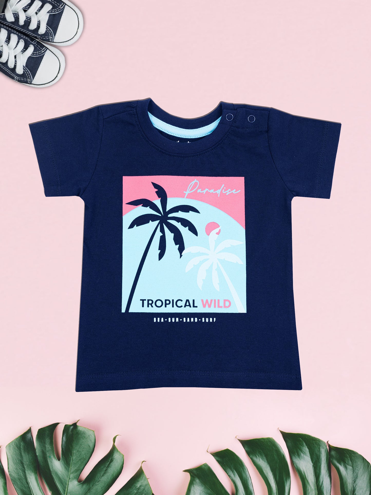 Palm Tree Kids Navy Blue Printed T-Shirt