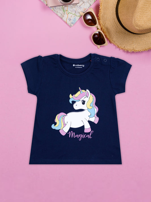 Girls' Navy Blue T-shirt with a Glittering Unicorn Graphic