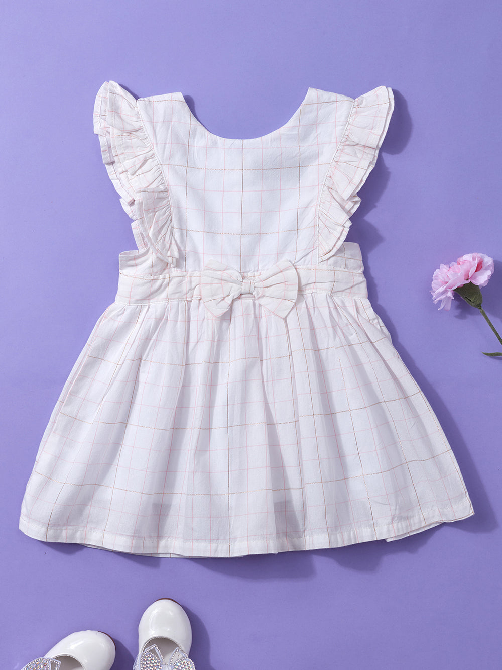 Nuberry Girl Frock Dress - White with Golden Lurex Stripe