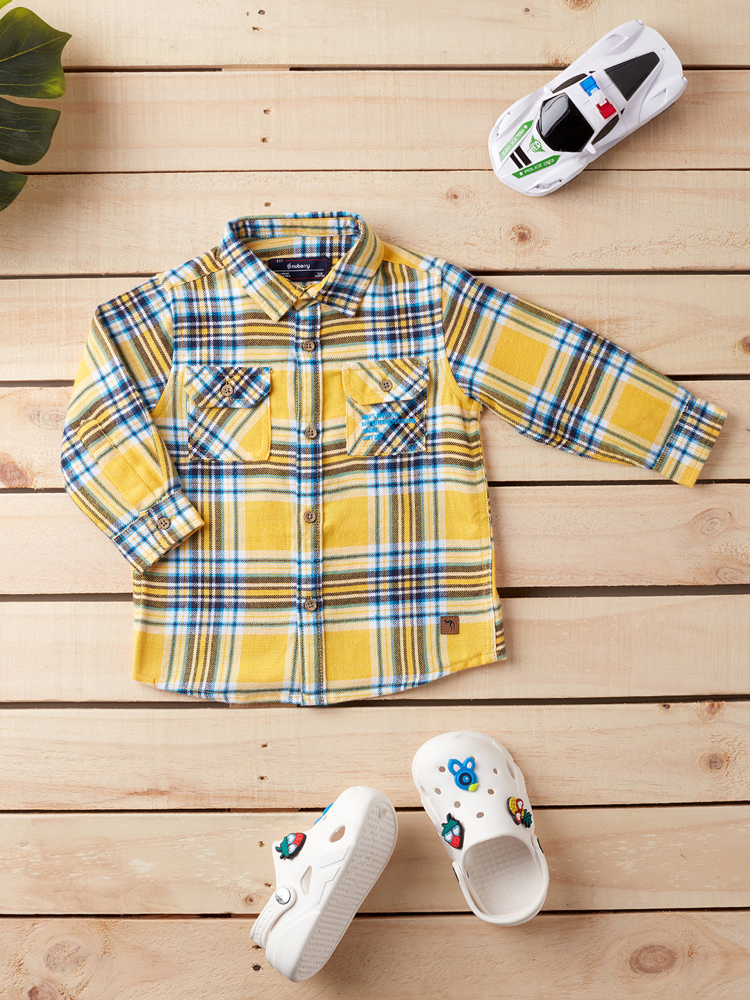 Nuberry Boys Full Sleeve Yellow and White Checked Shirt with Double Folded Pocket
