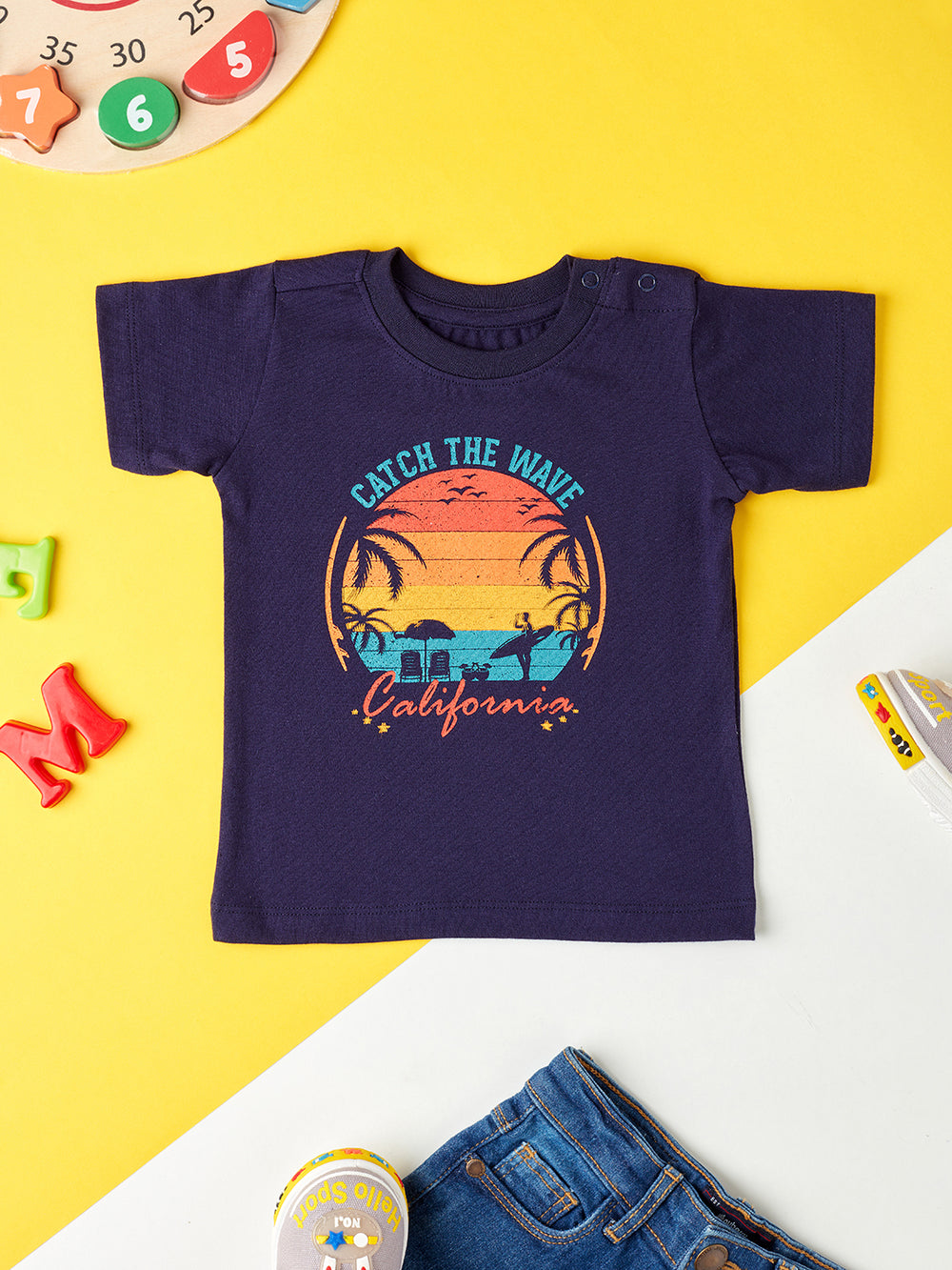 Boys Round Neck T-Shirts Half Sleeve - Navy Blue with Colorful Print