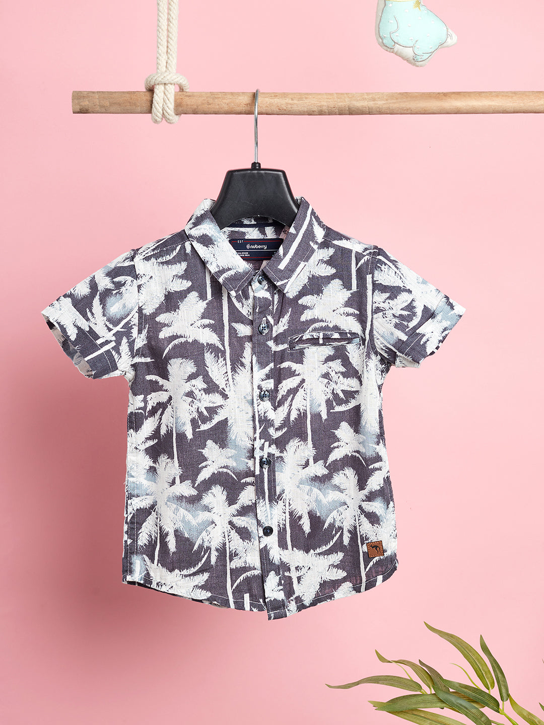 Nuberry Boys Shirt Half Sleeve - Navy Blue with White Leaf Printed