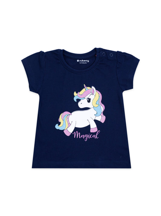 Girls' Navy Blue T-shirt with a Glittering Unicorn Graphic