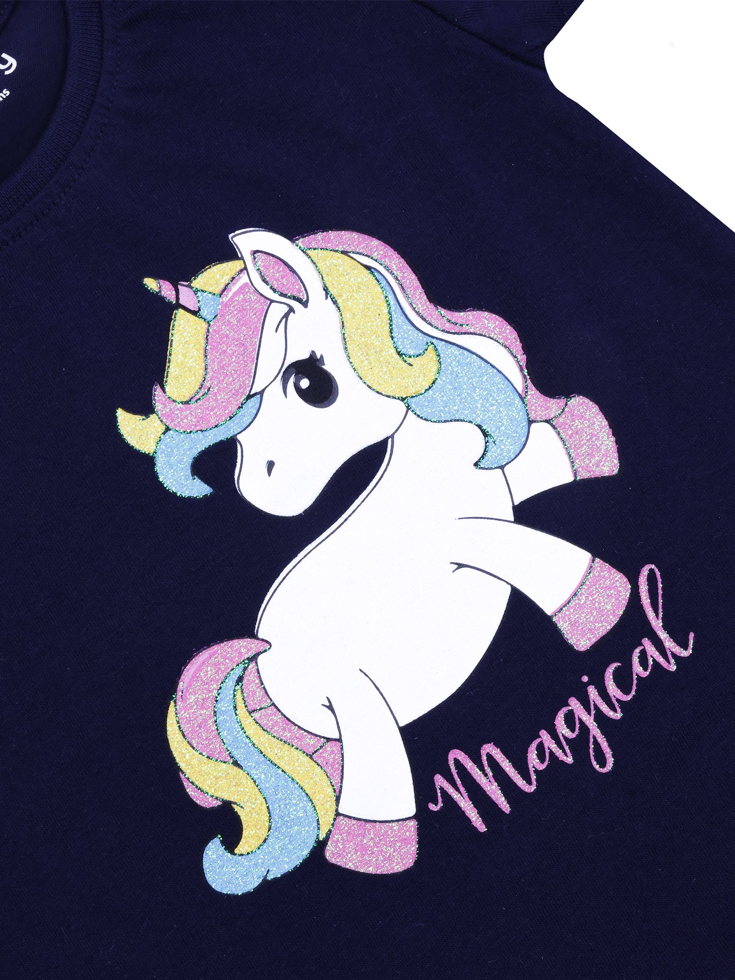 Girls' Navy Blue T-shirt with a Glittering Unicorn Graphic