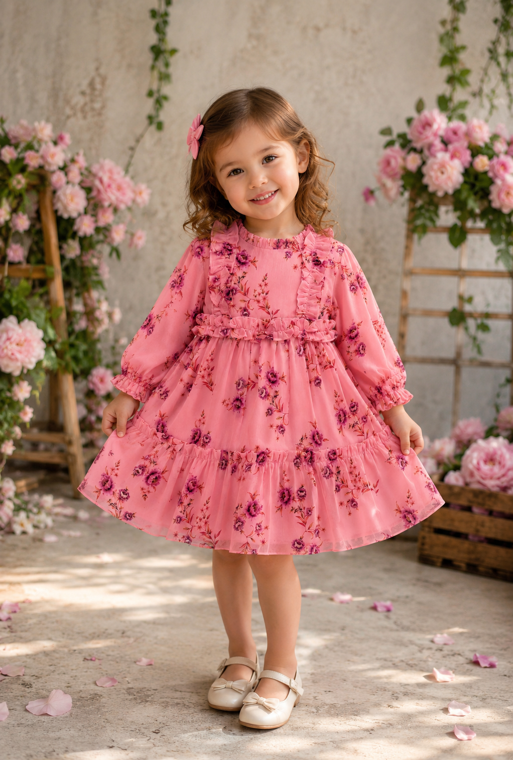 Full Sleeve Ruffled All Over Print Semi Party Wear Dress