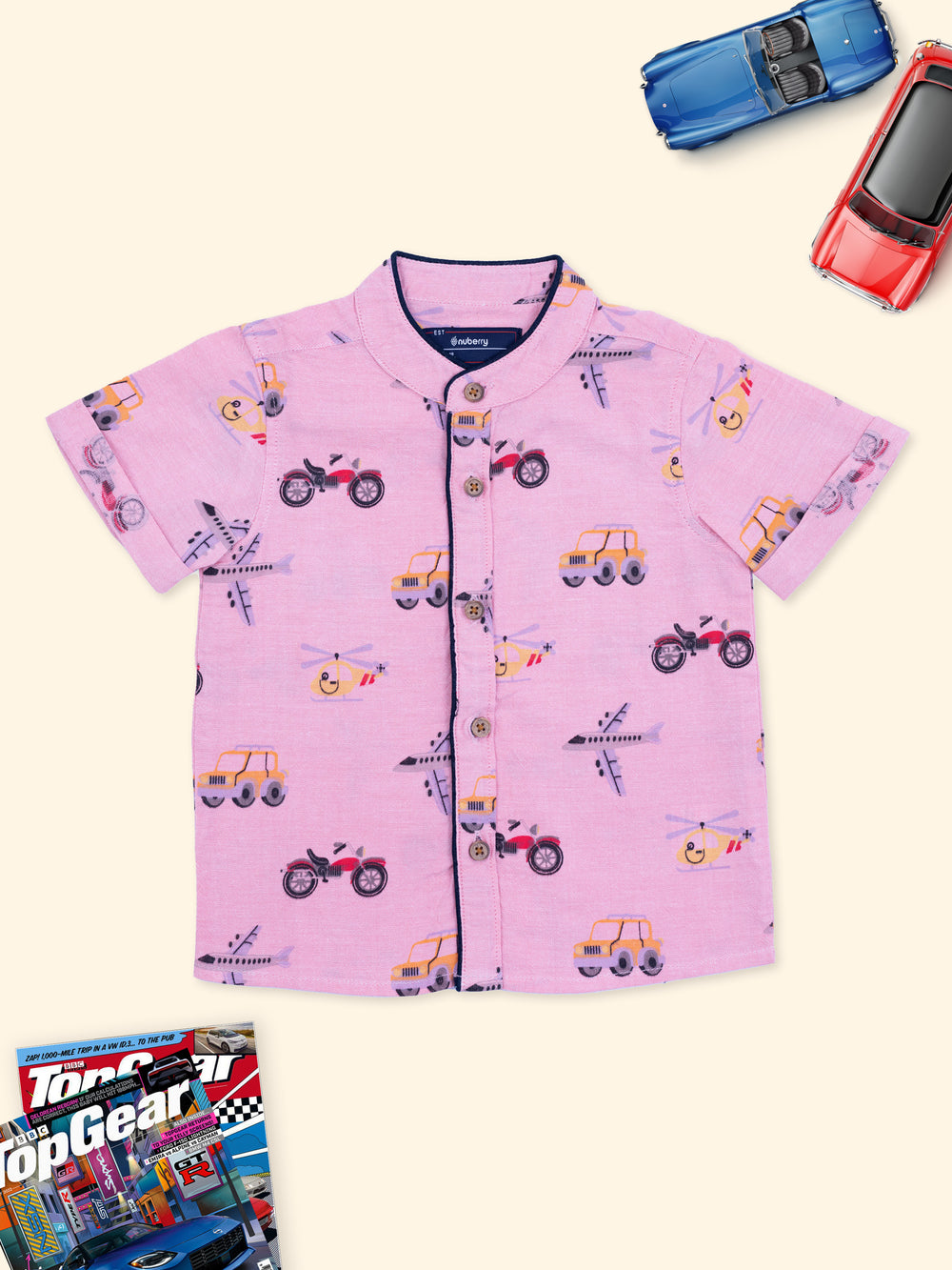 Boys Pink Shirt with Automobile Print