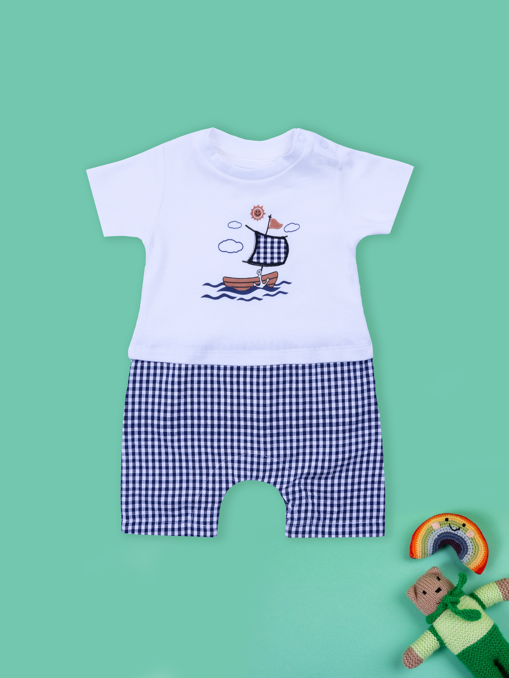 Checked Romper for Boys with Embroidery