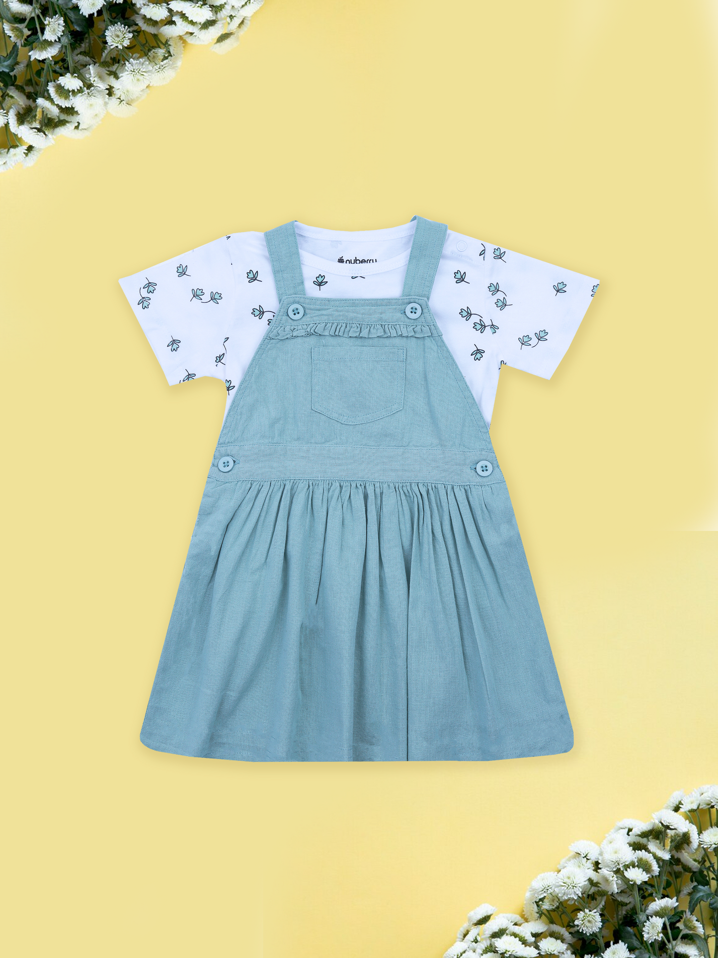 Dungaree Dress for Girls with Floral Print T-shirt