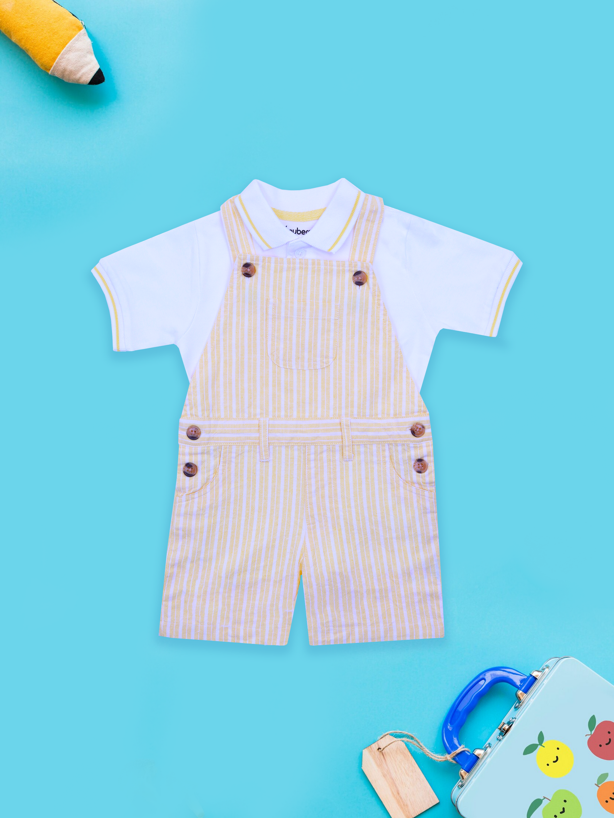 yellow dungaree set with polo tshirt