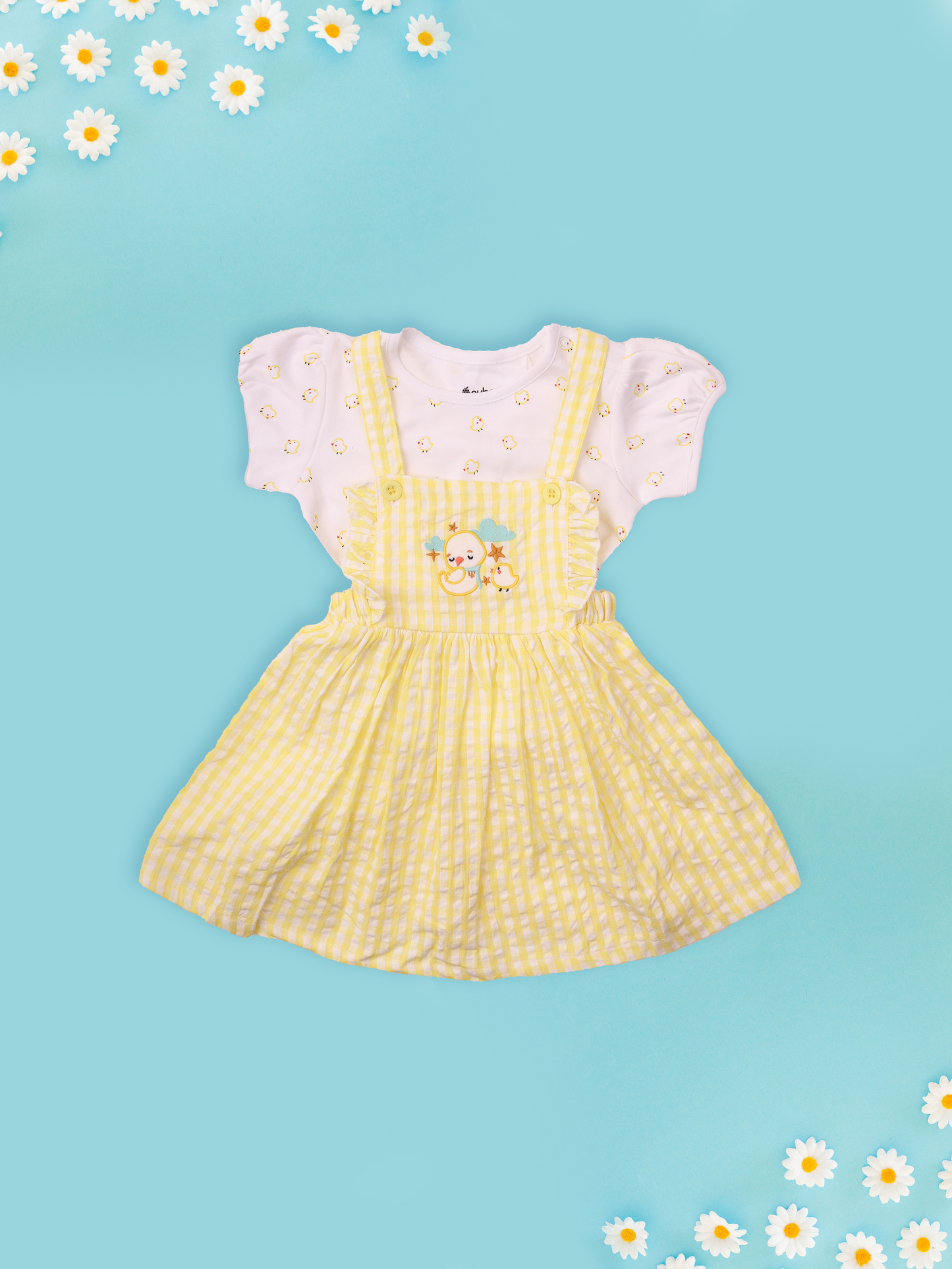 Yellow Dungaree Dress with Embroidery