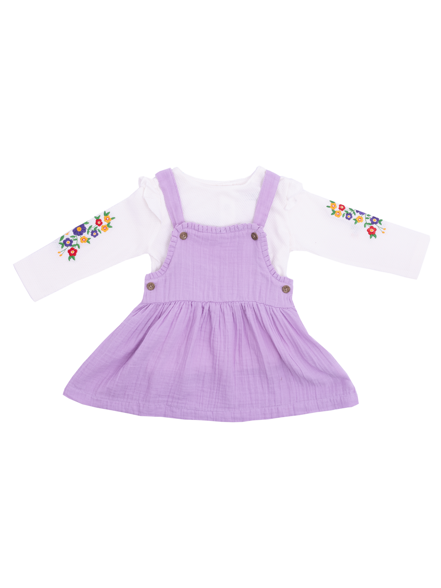 Girls Lavender Dungaree Set with Floral Embroidery Top