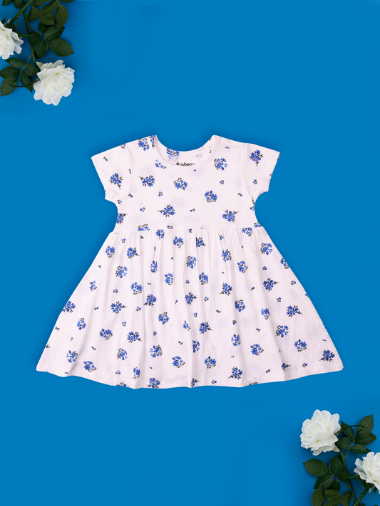 Cotton White Dress with Blue Floral Print