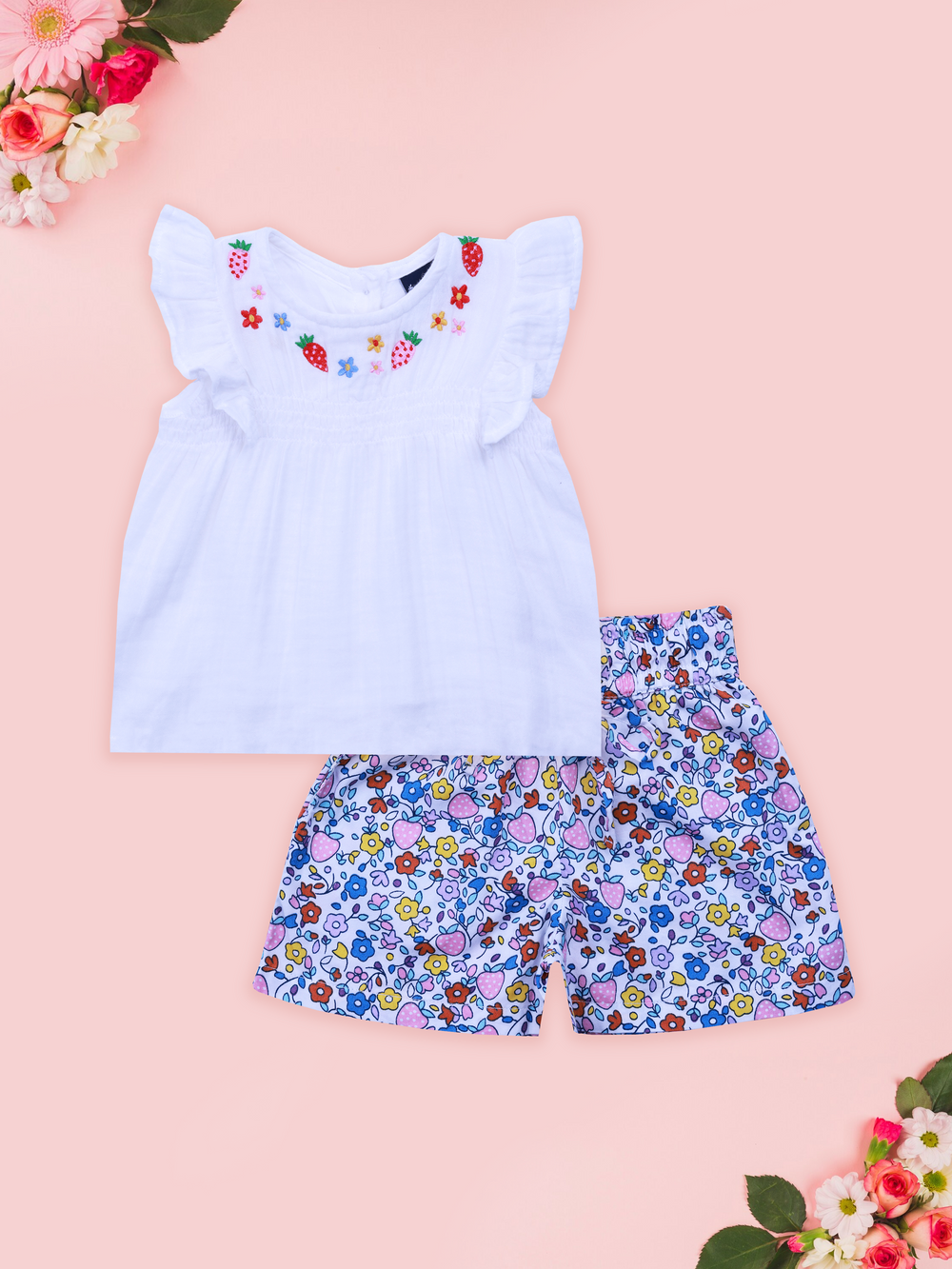 Floral Print Shorts with Embroidered Muslin Top