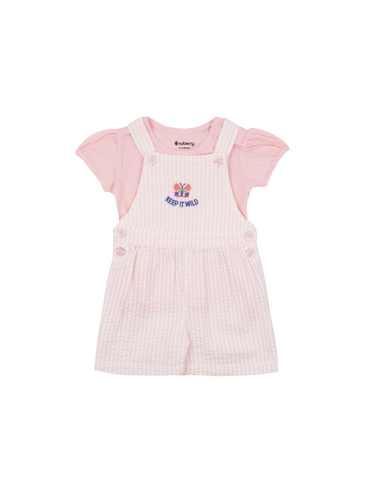 Peach Seersucker Dungaree Set for Girls