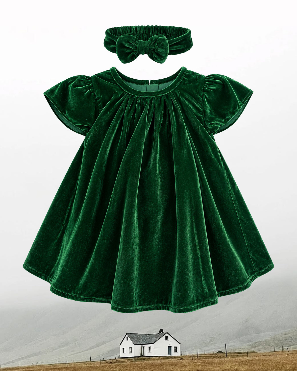 Nuberry Girls Emerald Green Velvet Frock with Matching Bow Headband