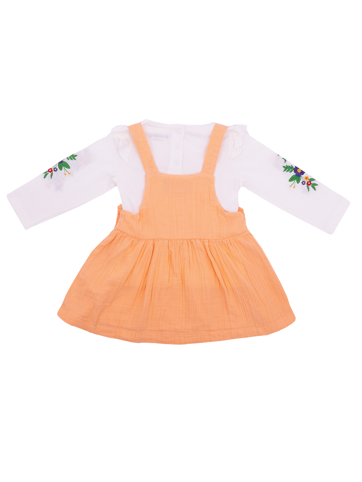 Peach Dungaree Dress Set with Floral Embroidery Top