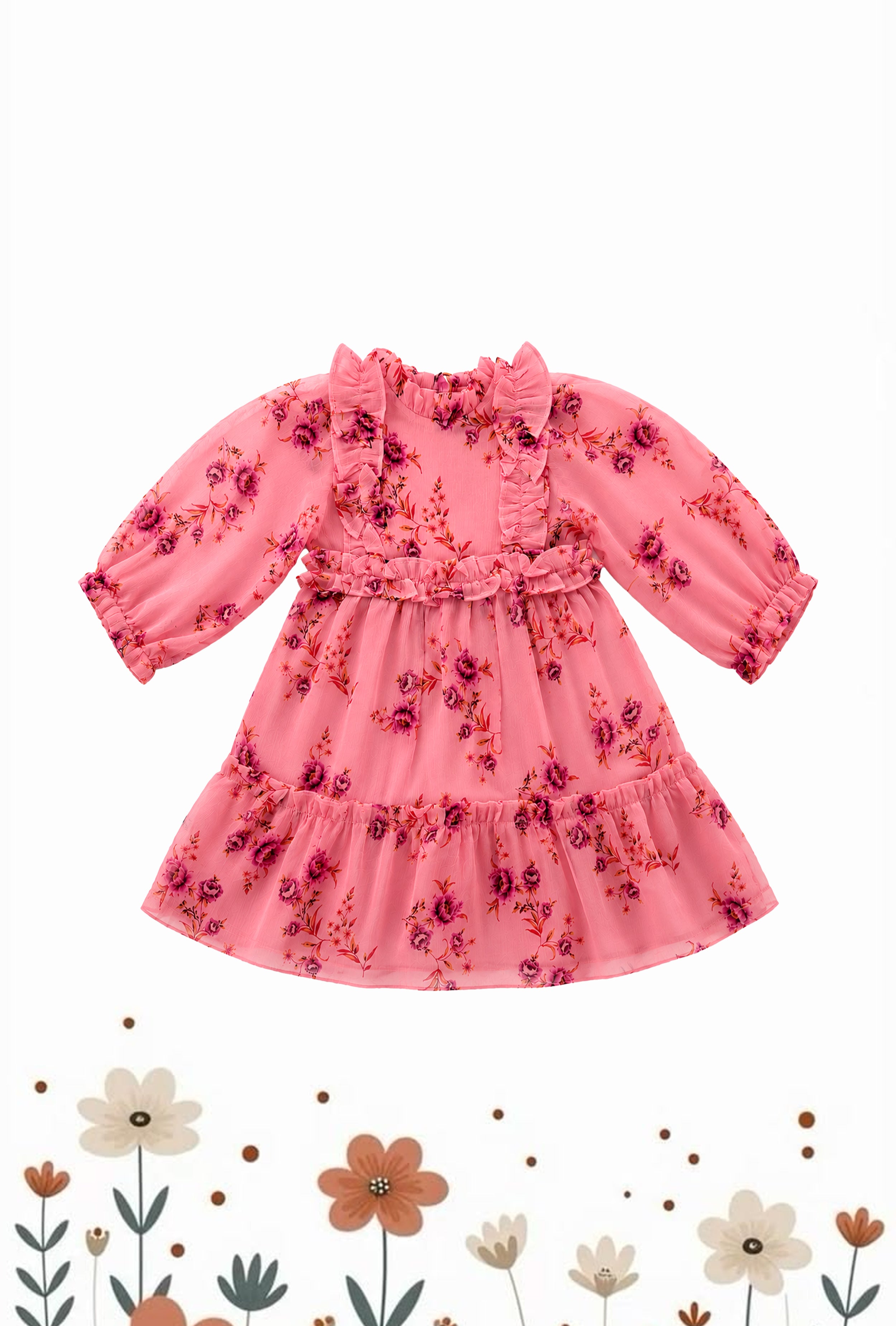 Full Sleeve Ruffled All Over Print Semi Party Wear Dress