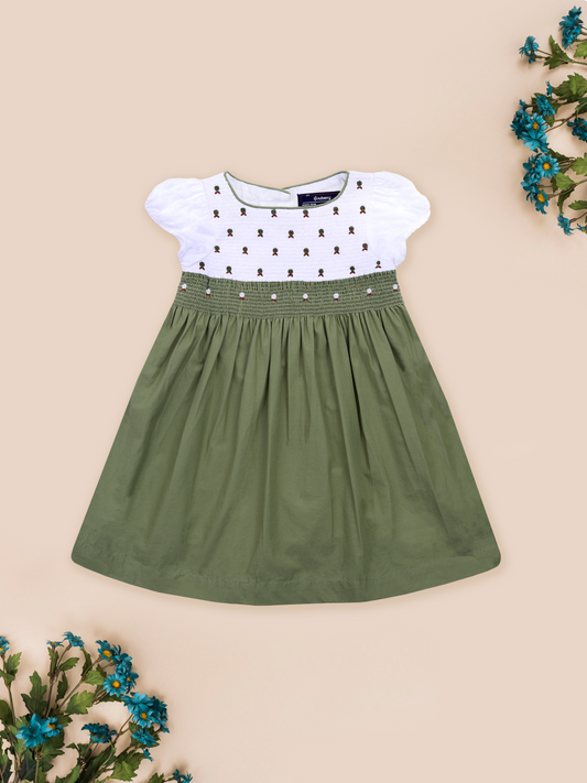 Olive Green Smocking Dress for Girls