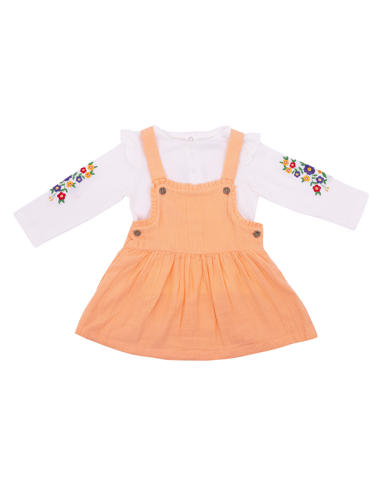 Peach Dungaree Dress Set with Floral Embroidery Top