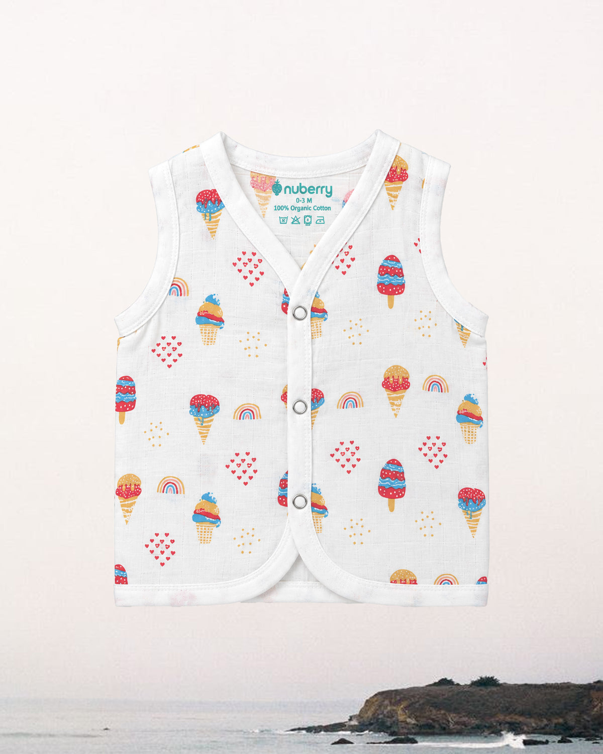 Nuberry Baby Unisex Sleeveless Waffle Cone Print Jabla in White | Press Button Closure