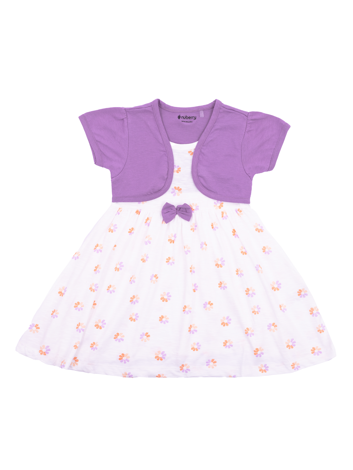 White and Purple Floral Print Girl Dress with Bow