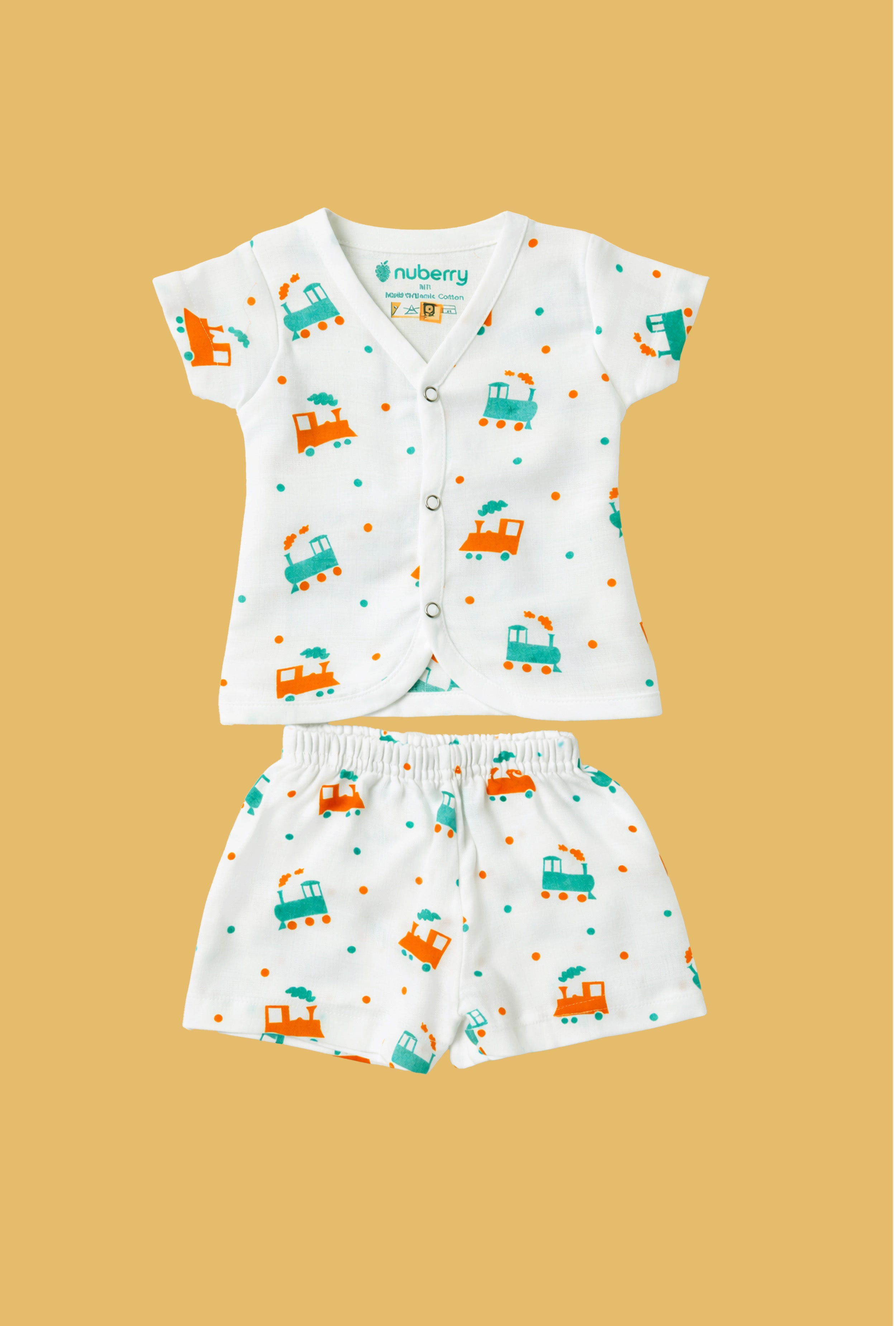 Tiny Beginnings, Wrapped in Love | Muslin Jabla & Shorts Set | Loco Train Print