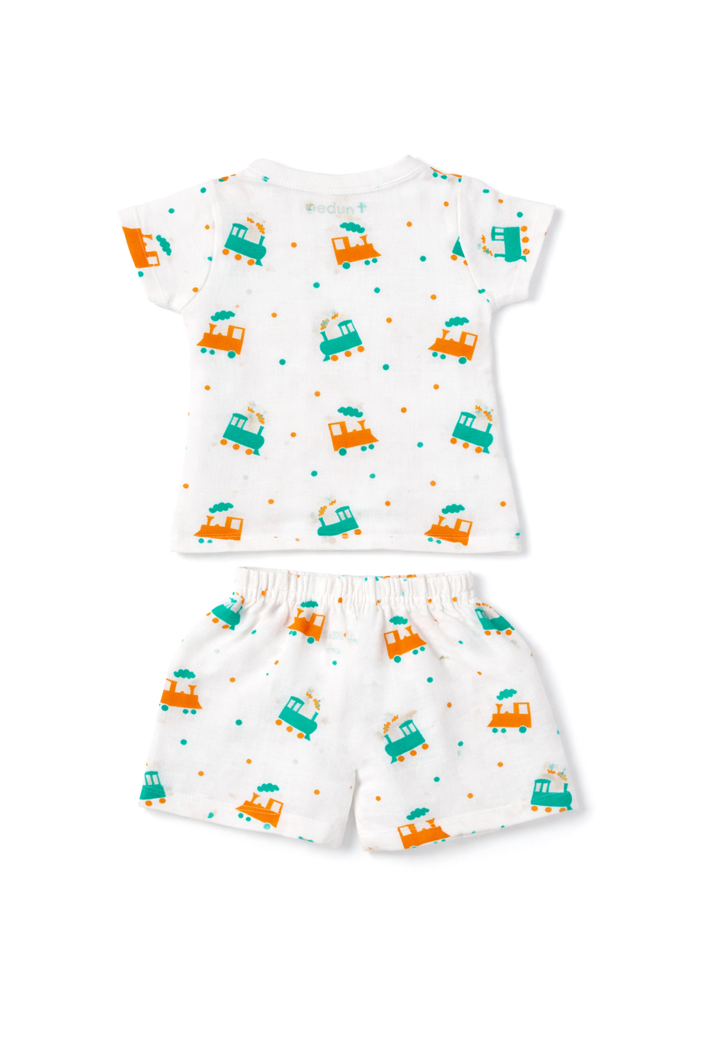 Tiny Beginnings, Wrapped in Love | Muslin Jabla & Shorts Set | Loco Train Print