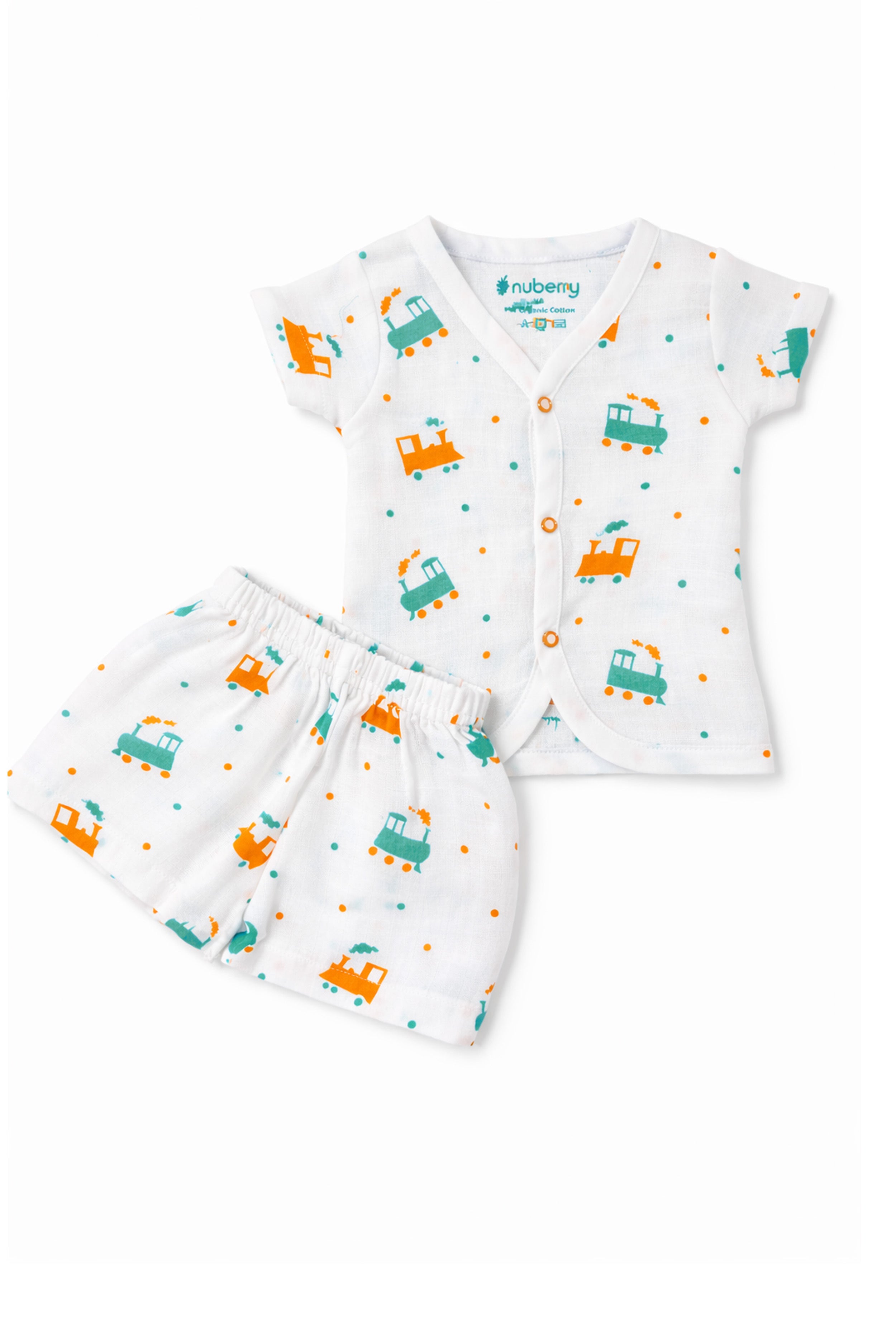 Tiny Beginnings, Wrapped in Love | Muslin Jabla & Shorts Set | Loco Train Print