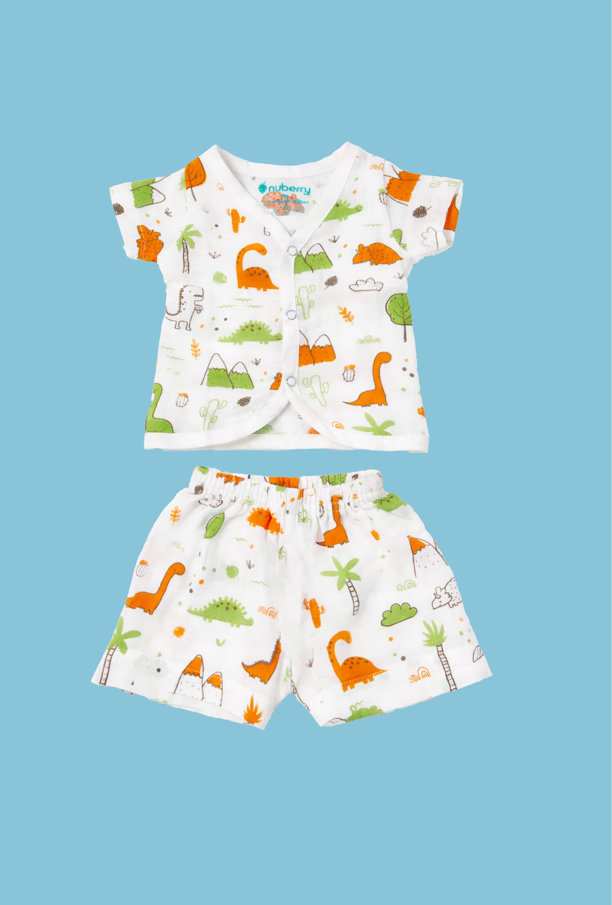 Tiny Beginnings, Wrapped in Love | Muslin Jabla & Shorts Set | Dinosaurs Print