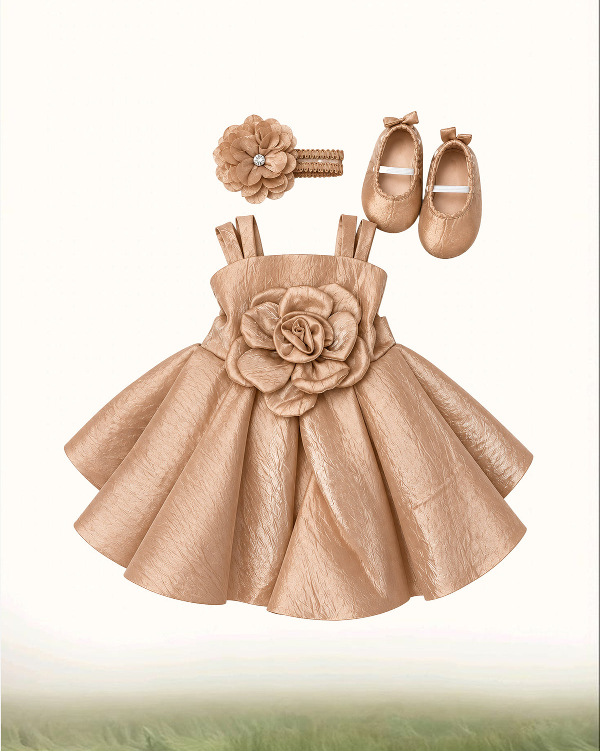Nuberry Baby Girl Party Frock with Shoes & Hairband Combo – Elegant Rose Gold Dress