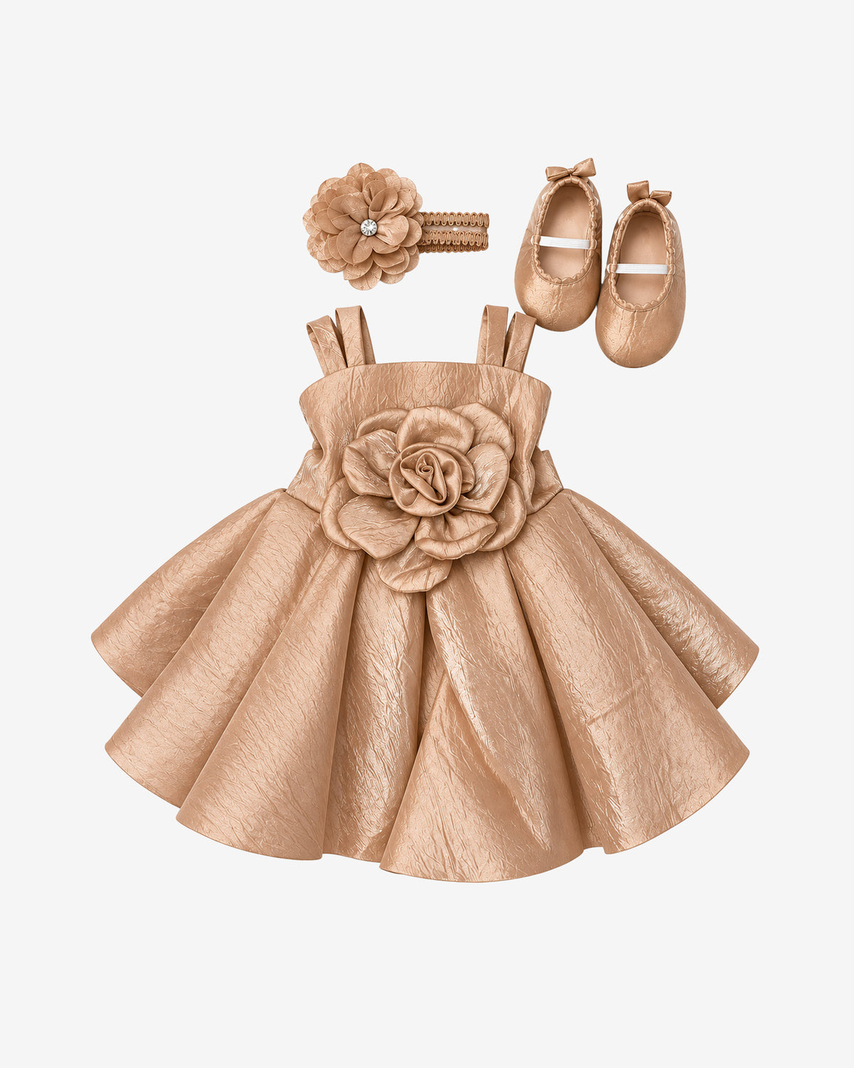 Nuberry Baby Girl Party Frock with Shoes & Hairband Combo – Elegant Rose Gold Dress