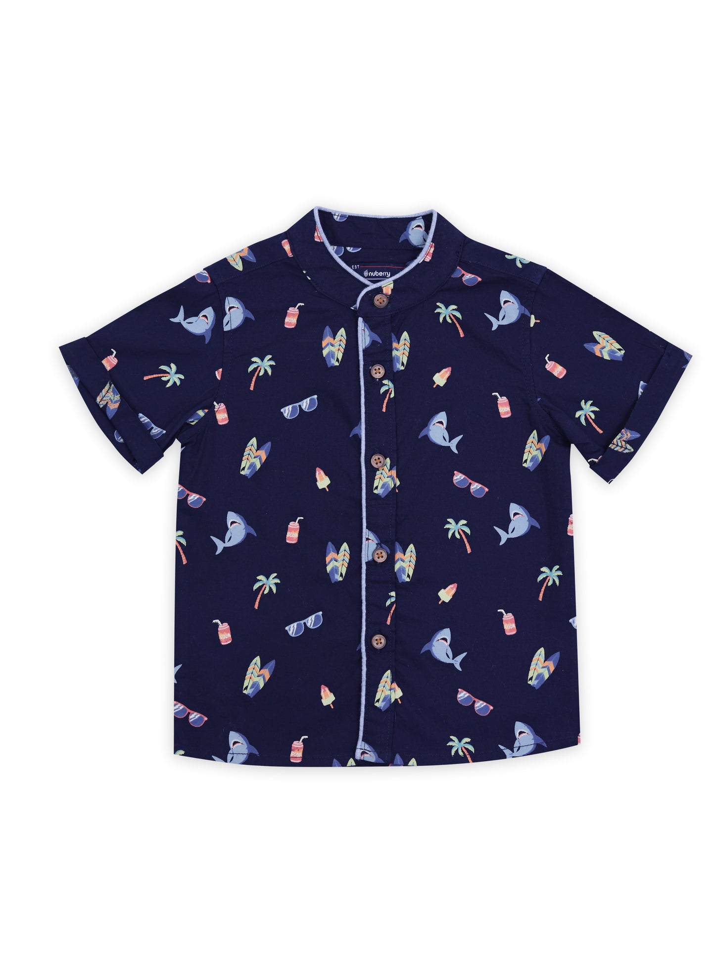 Boys Dark Blue Shirt with Beachy Summer Print